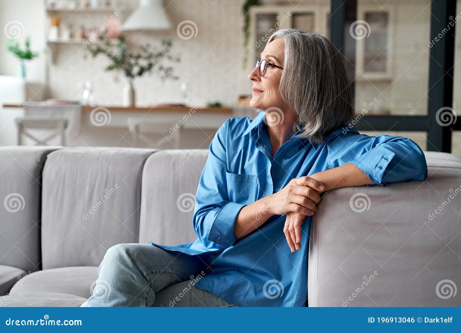 Calm Relaxed Mature Older Woman Relaxing Sitting On Couch At Home | My ...