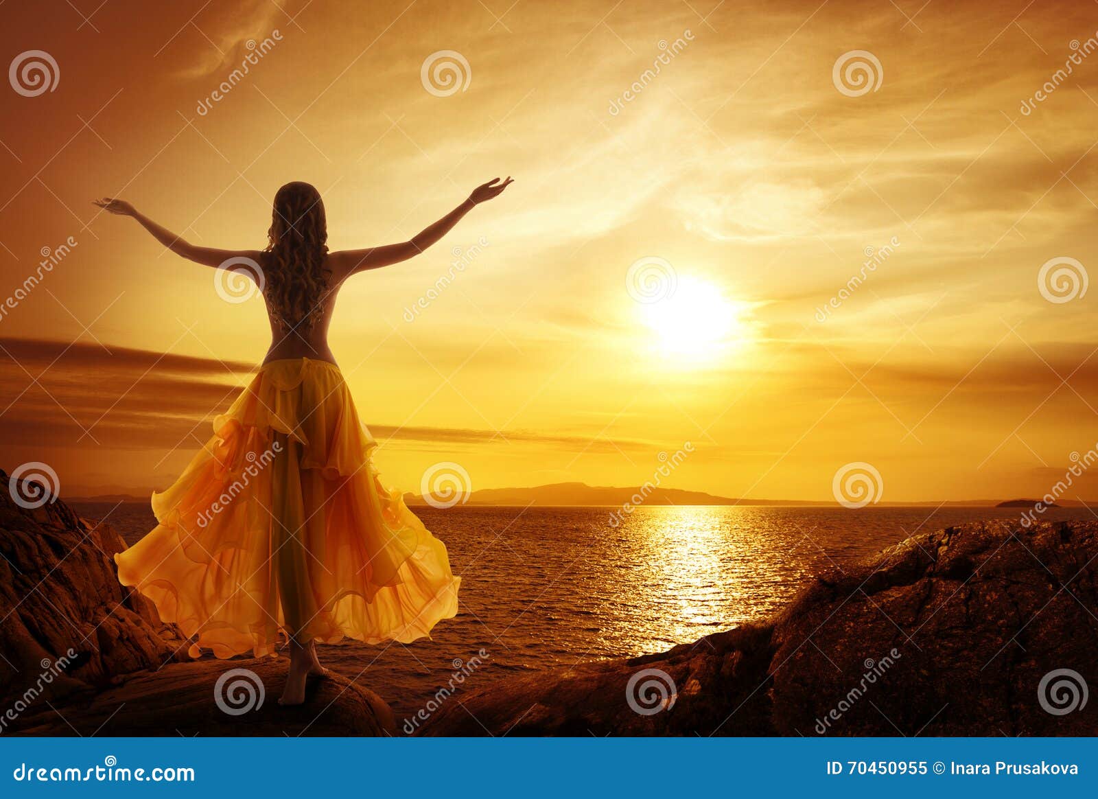 calm woman meditating on sunset, relax in open arms pose