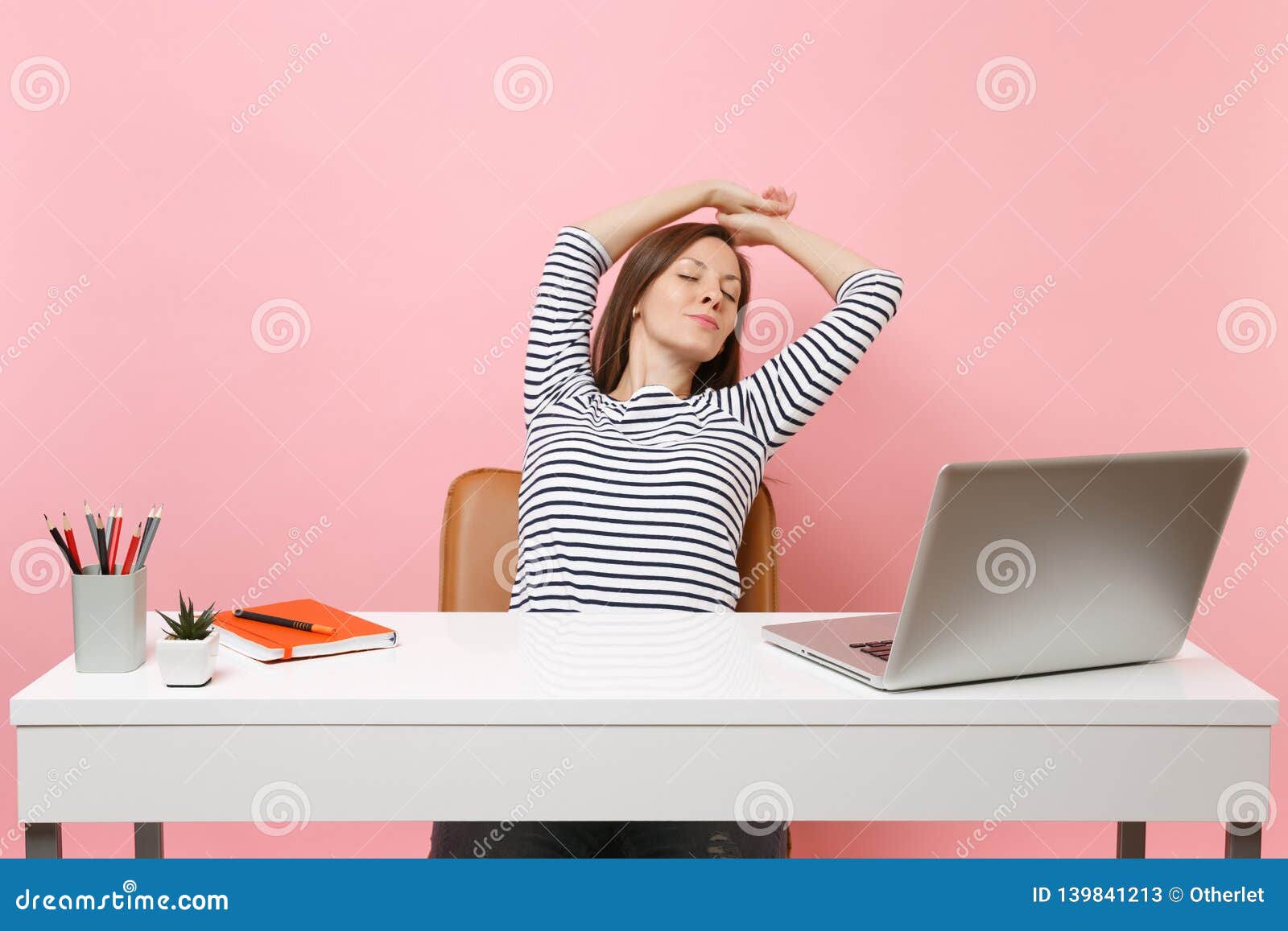 Calmed Woman With Closed Eyes Relaxing Resting Stretching Hands