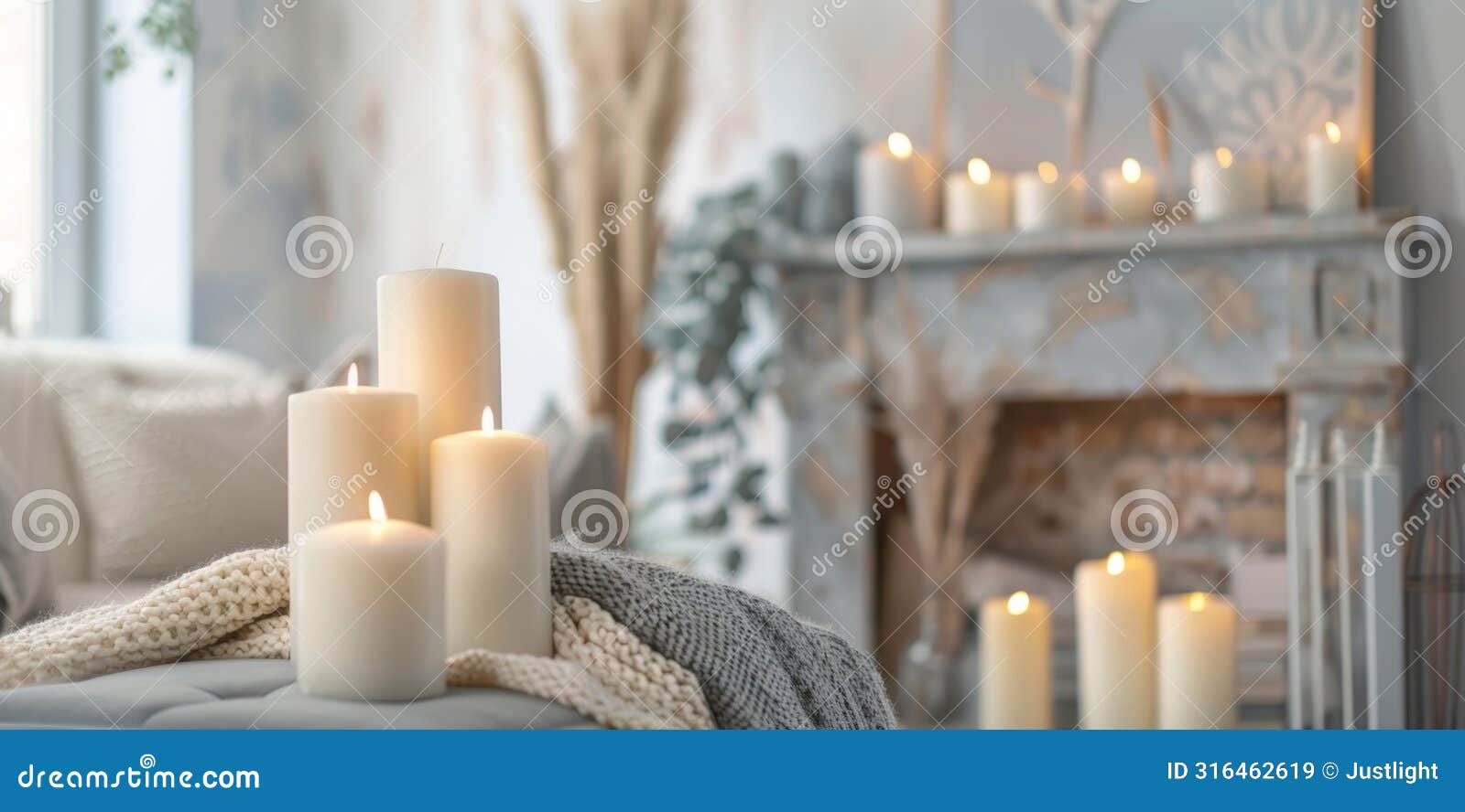 a calming and inviting living space with a mantle beautifully decorated with tall taper candles in muted pastel hues. 2d
