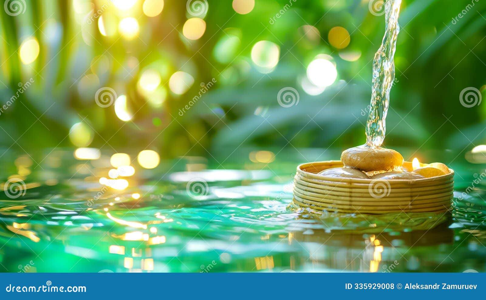 a calming water feature with smooth stones and glowing candles floats gently on a reflective surface in a lush garden