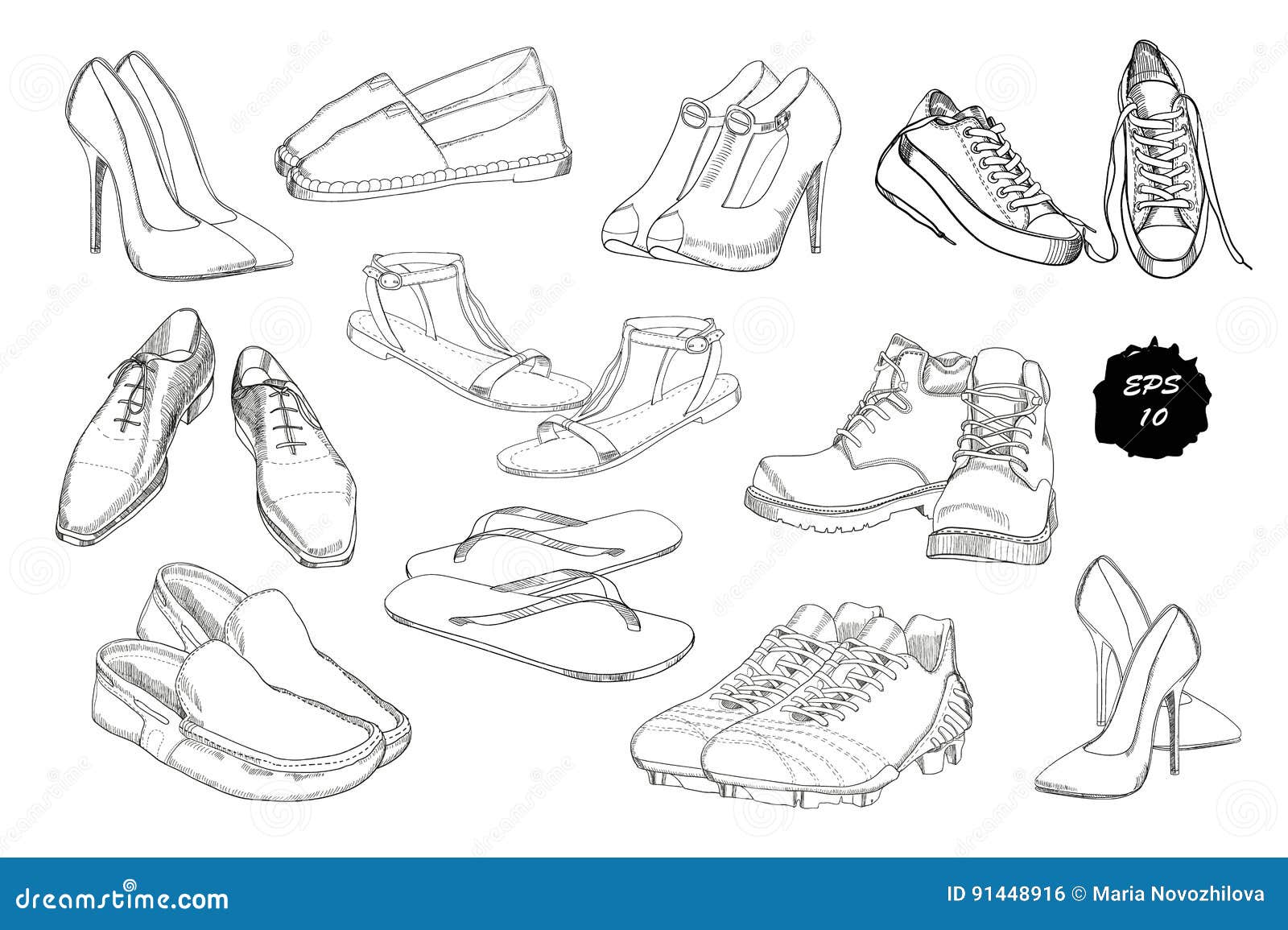 Calzature Grafiche Disegnate A Mano Stabilite Delle Donne E Degli Uomini, Scarpe Casuale E Metta In Mostra Lo Stile, Gumshoes Per Illustrazione Vettoriale - Illustrazione di modo, flop: 91448916