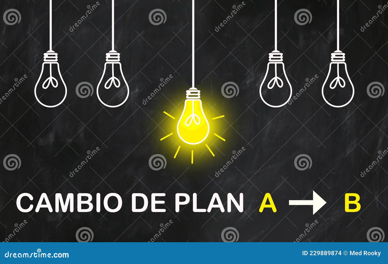 cambio de plan a b, spanish text with light bulbs on blackboard