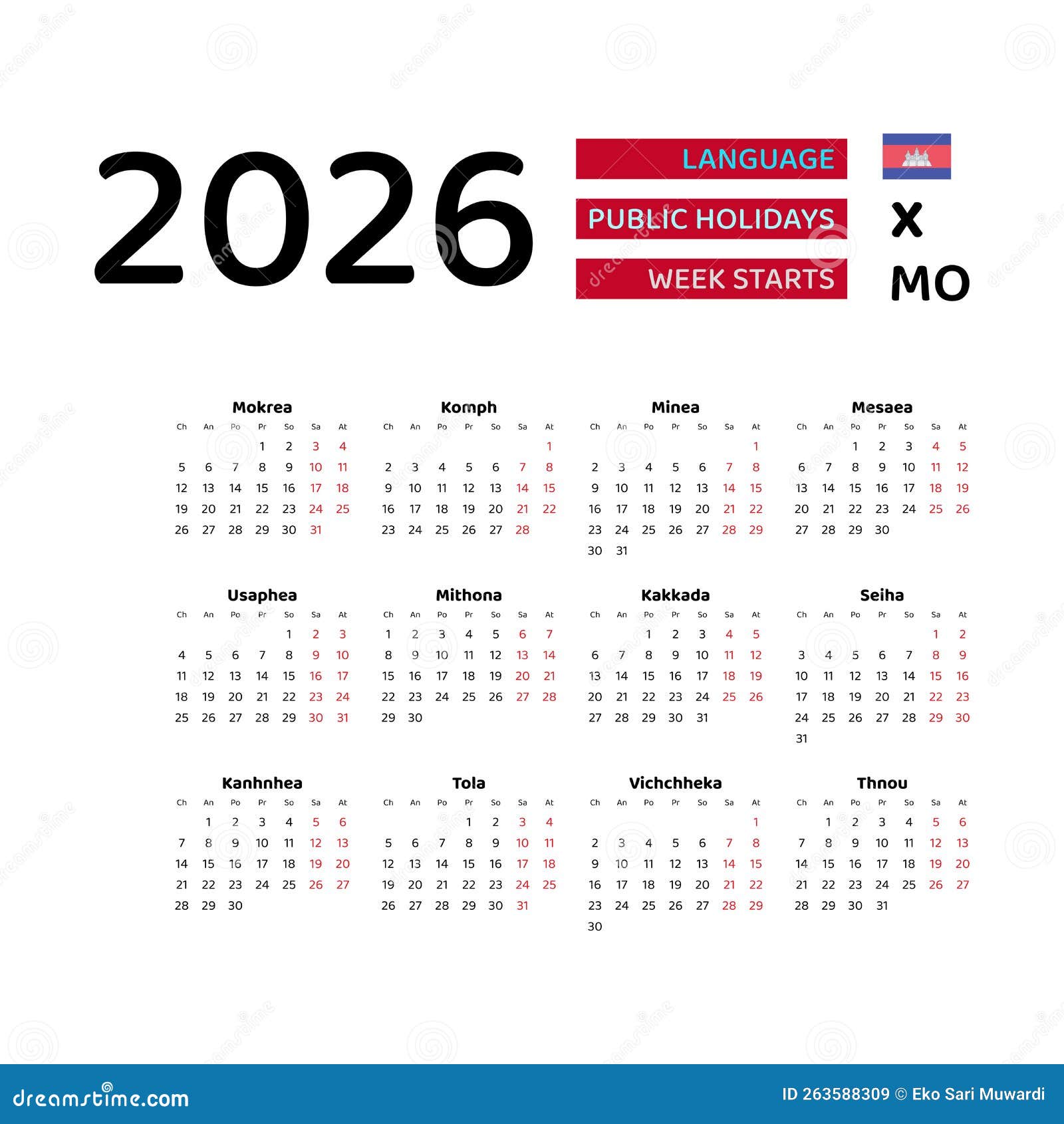 Cambodia Calendar 2026. Week Starts from Monday. Vector Graphic Design
