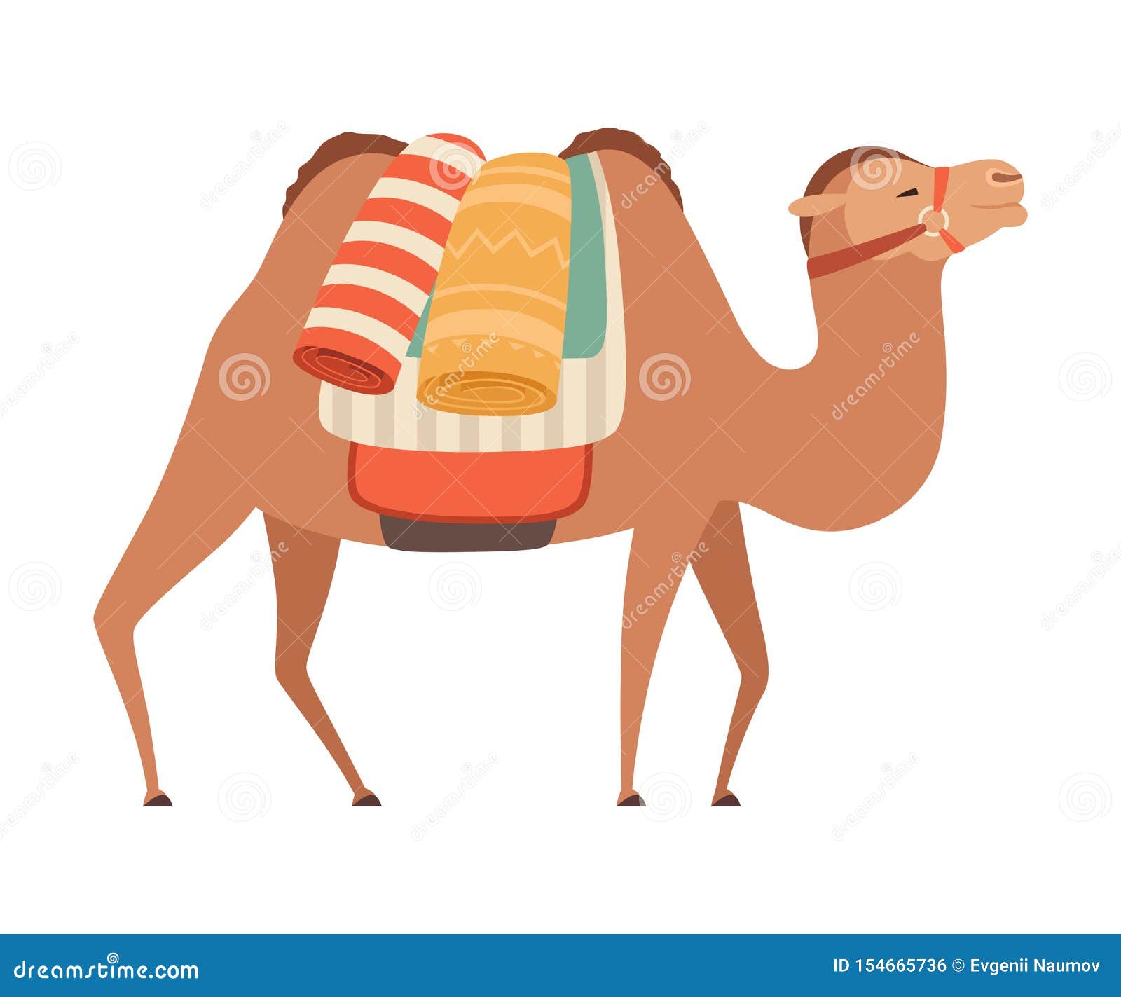 Camel with Bridle and Saddle, Desert Animal with Load, Side View Vector