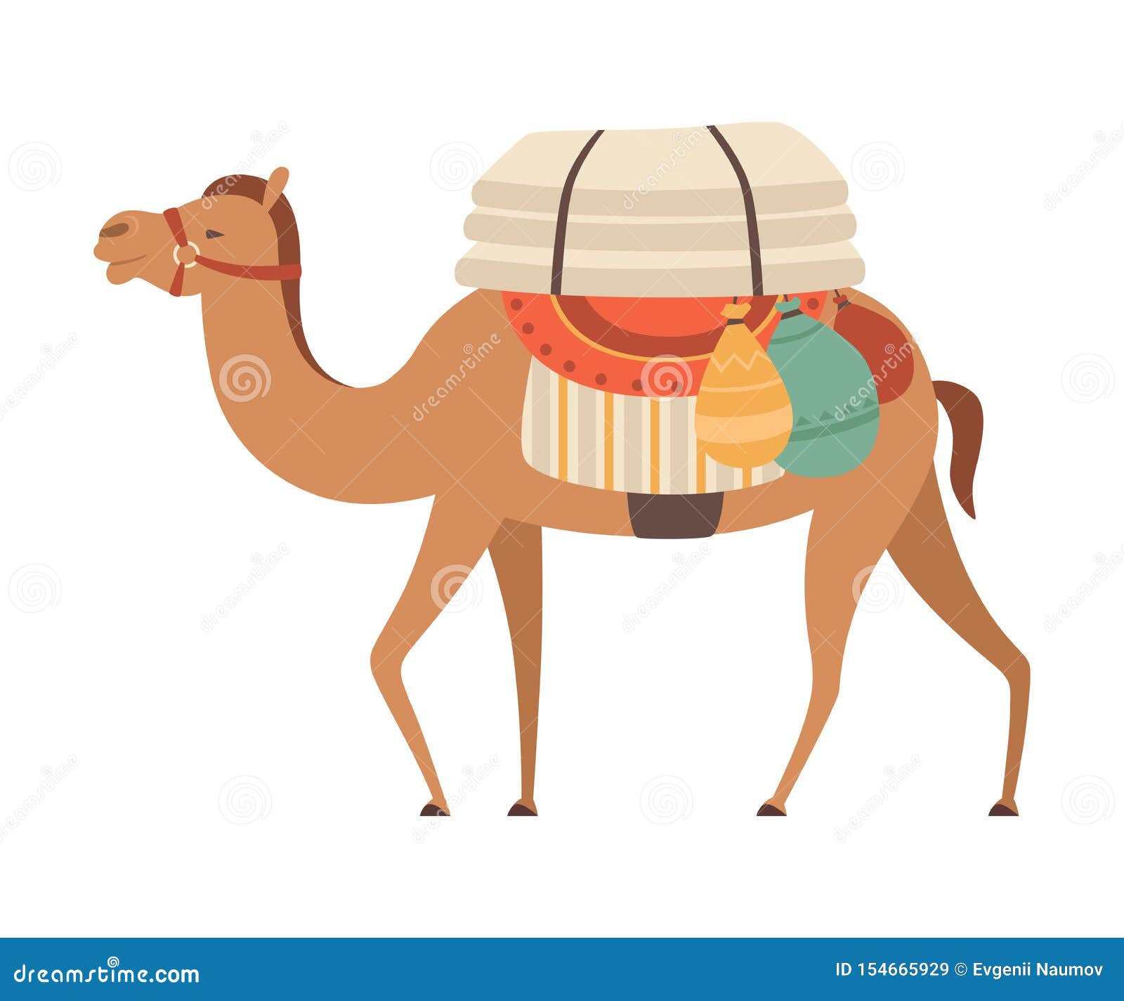 Camel with Bridle and Saddle, Desert Animal Walking with Load, Side