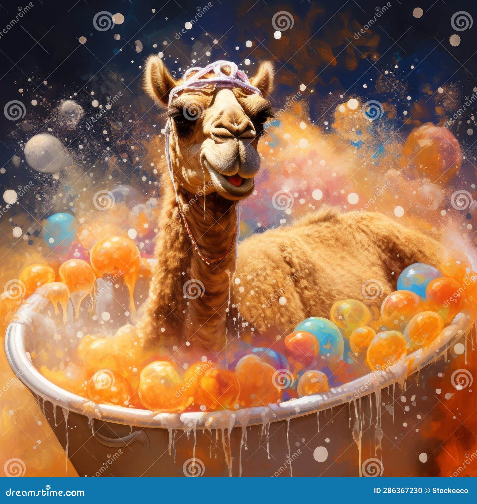 colorful bubble bath: hyperrealistic camel  in dreamlike style