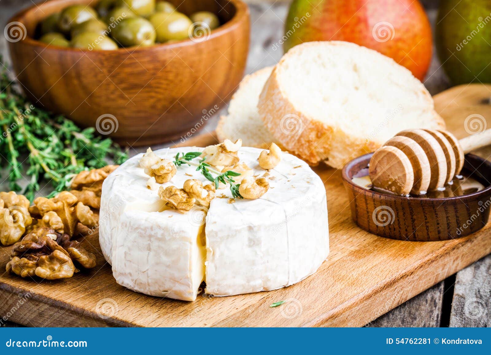 Camembert Cheese with Walnuts, Honey and Baguette Stock Image Image