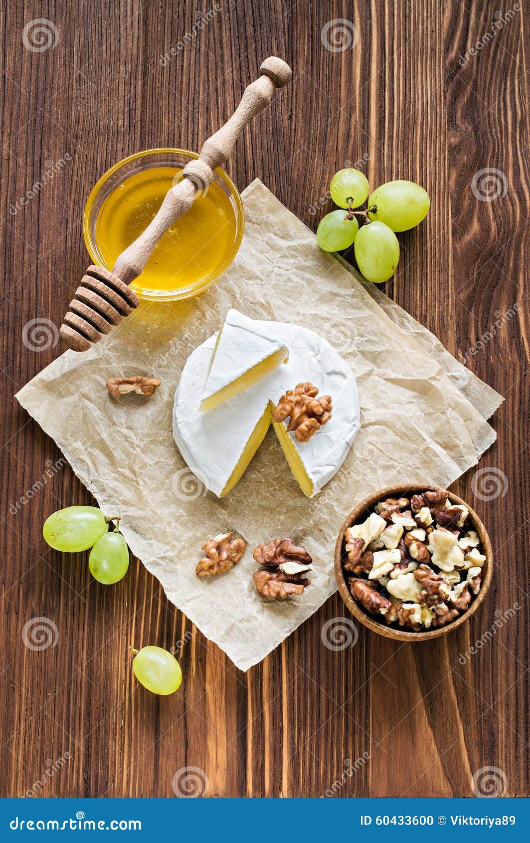 Camembert Cheese with Walnuts, Honey and Grapes Stock Photo Image of