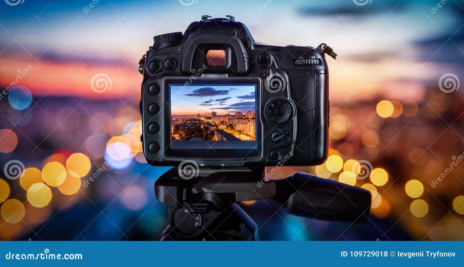 The Camera on the Background Blurry City Lights Stock Photo - Image of  macro, black: 109729018