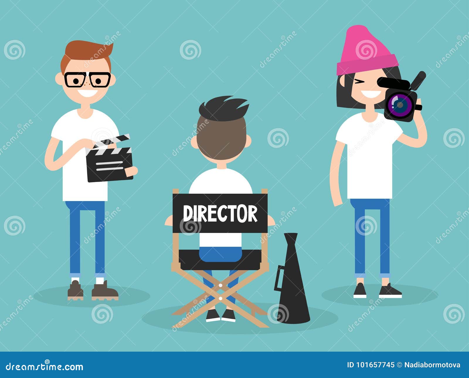 Camera Crew Director, Cameraman and Assistant Working on the Se Stock Illustration