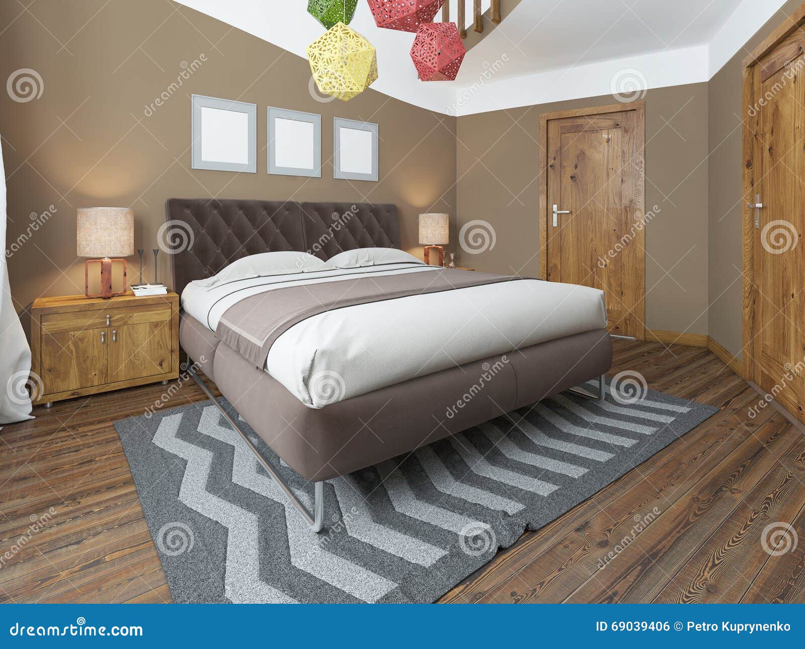 Camera da letto stile sottotetto con mobilia di legno e le pareti ...