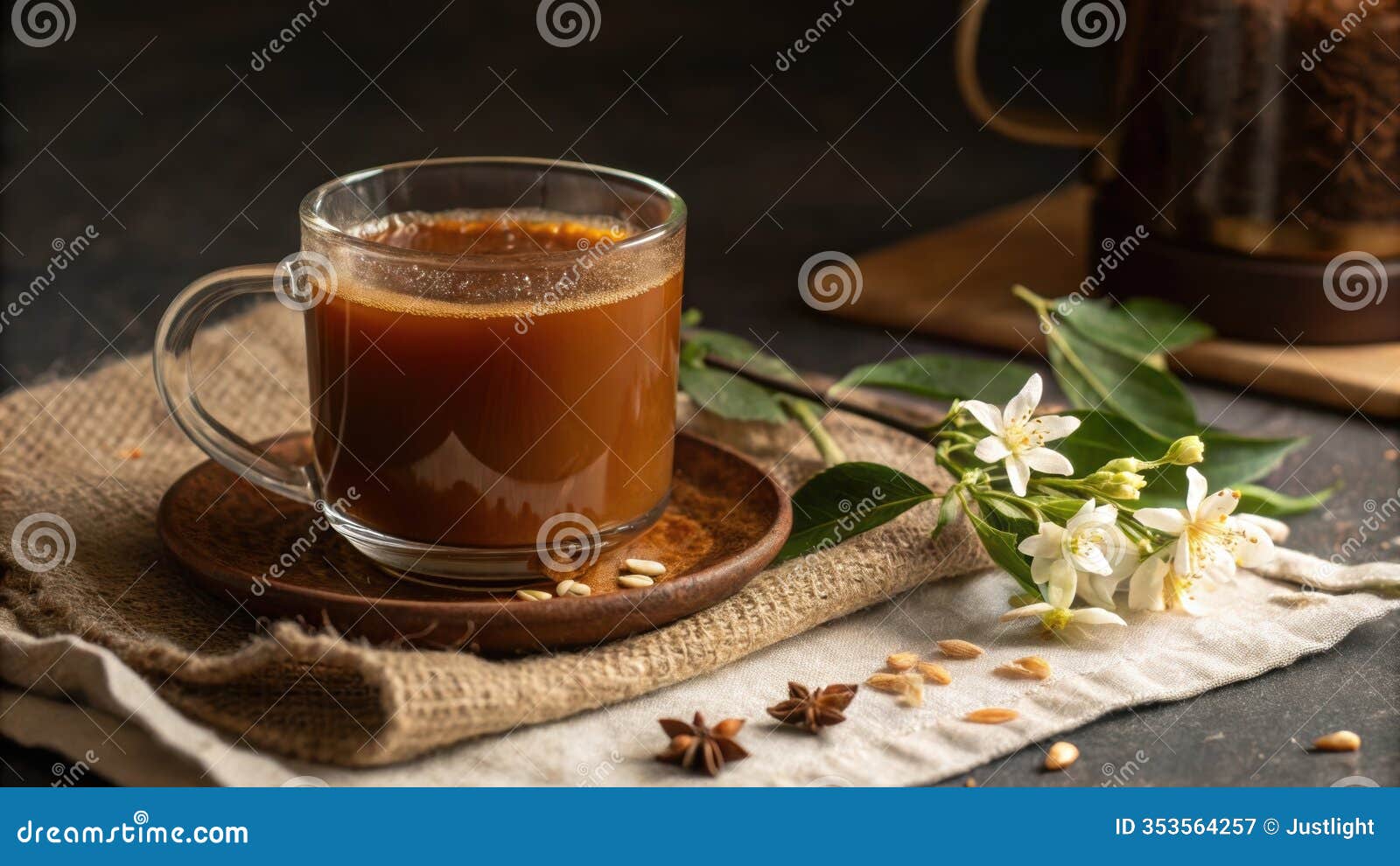 the camera focuses on a warm mug of adaptogenic tea its deep caramel color setting a scene of relaxation. next to it a