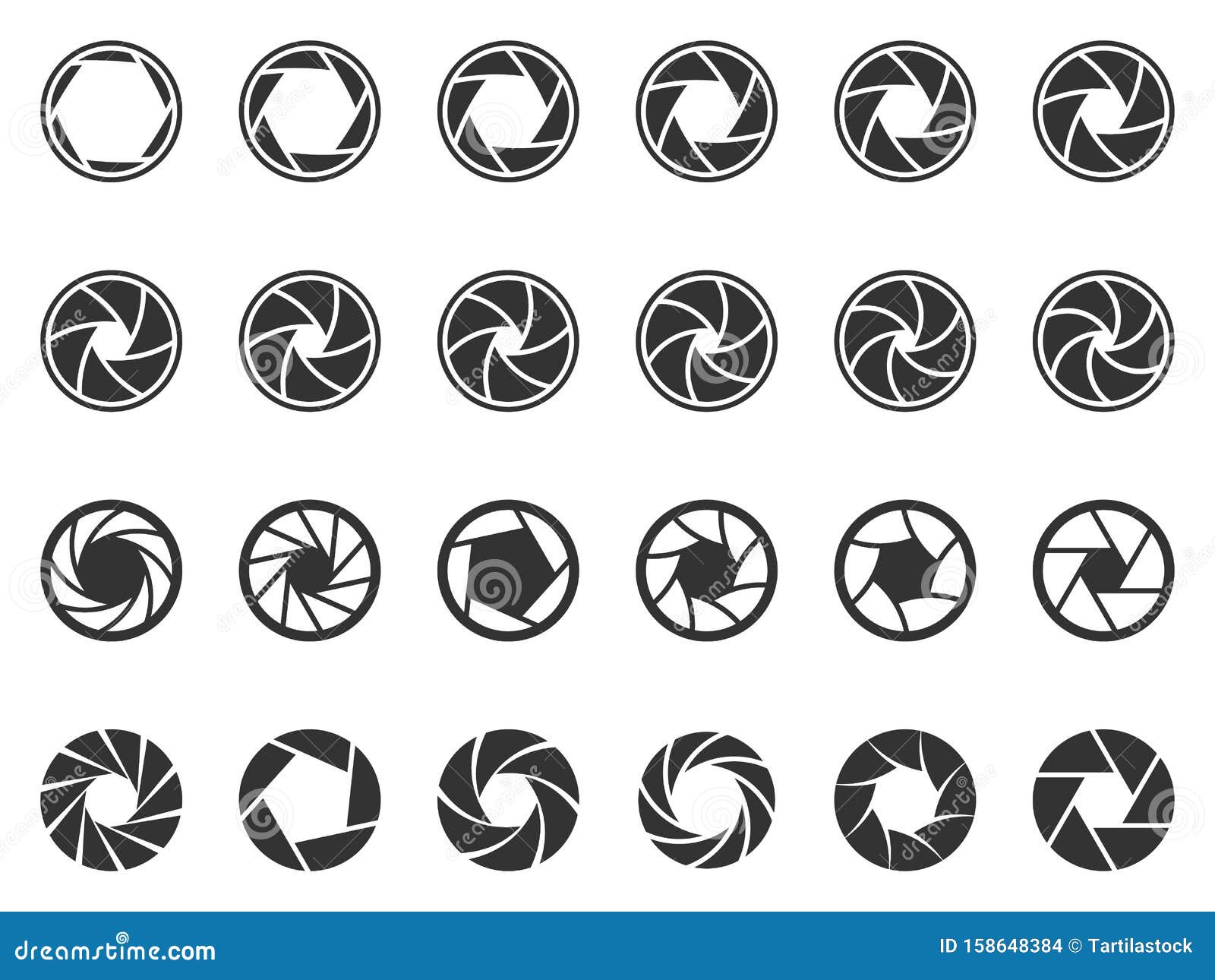 camera lens diaphragm. photo lenses aperture, cameras shutter silhouette icon and shutter apertures pictogram 