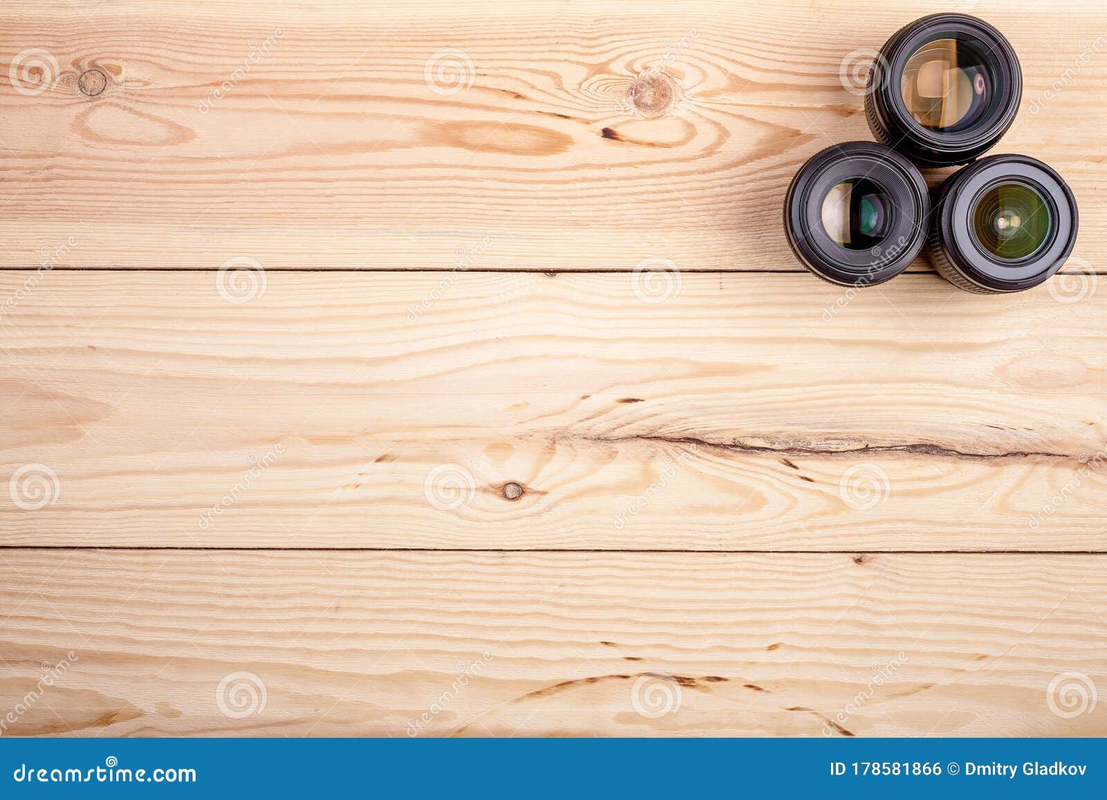 Camera Lenses on Wooden Table Top View. Background and Workspace for  Photography Stock Photo - Image of blank, vintage: 178581866