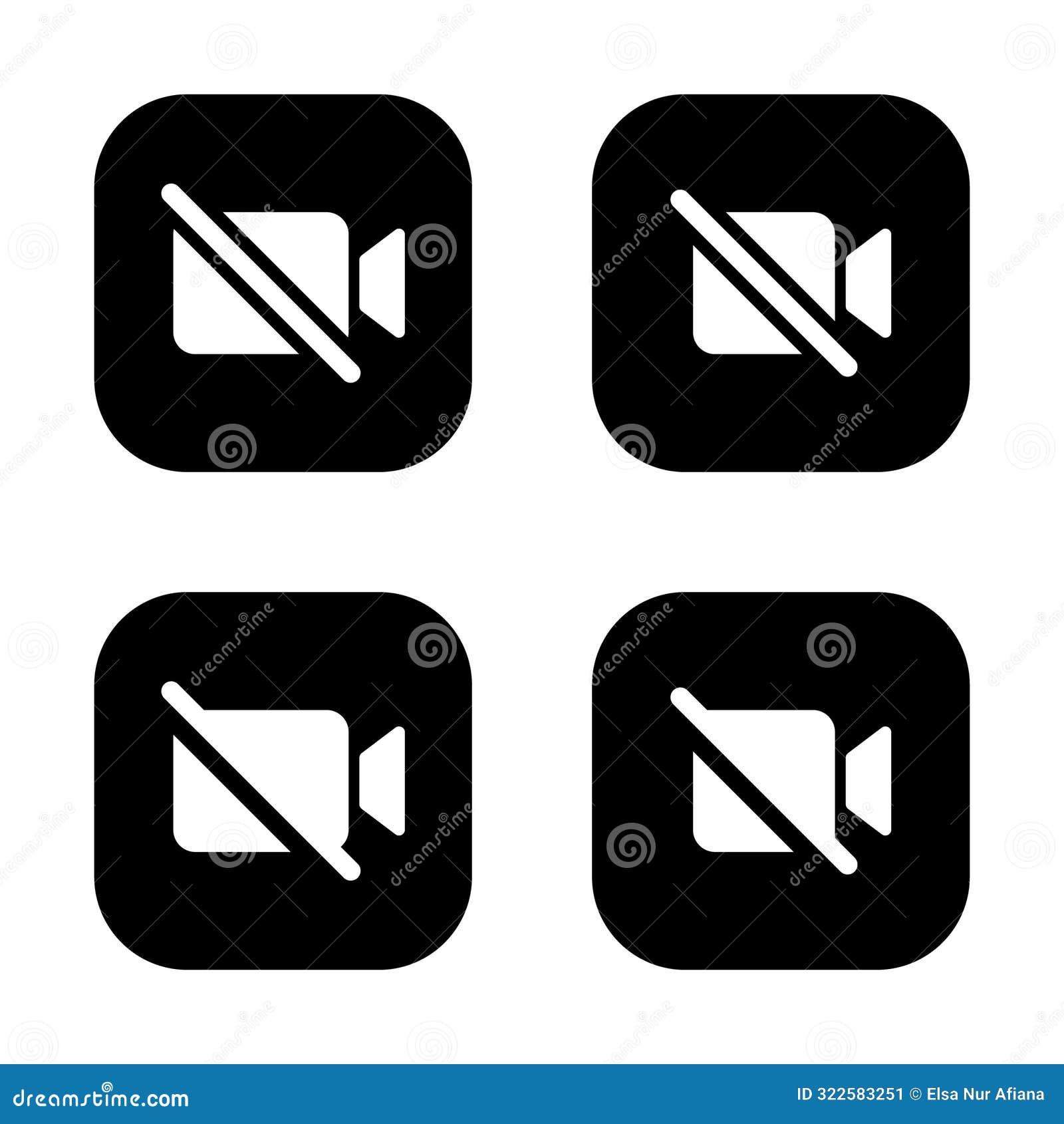 Camera Off Icon Set on Black Square. Mute Video Button Stock Vector