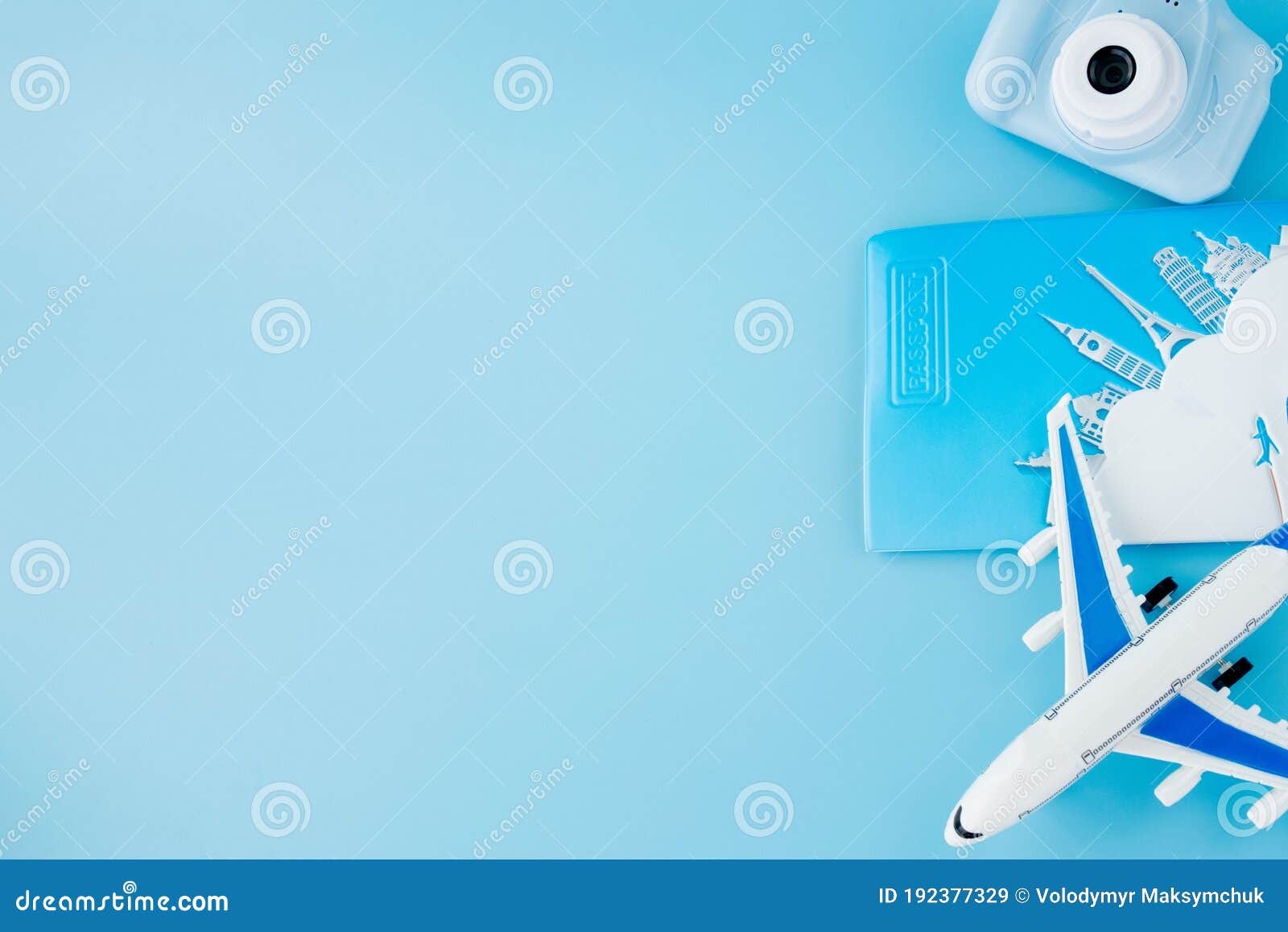 Camera, Passport and Airplane on Light Blue  or Vacation  Concept Stock Image - Image of airline, copy: 192377329