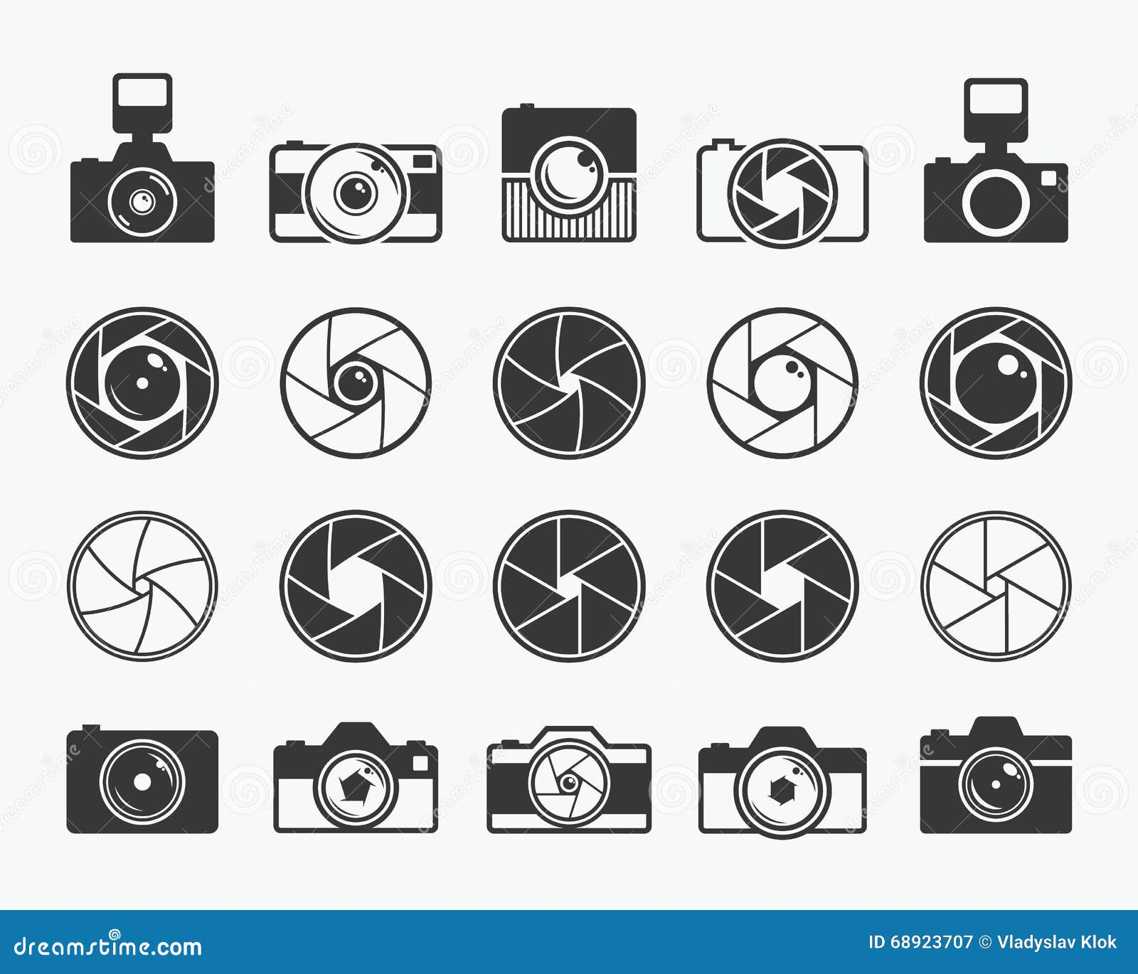 camera shutter, lenses and photo camera icons