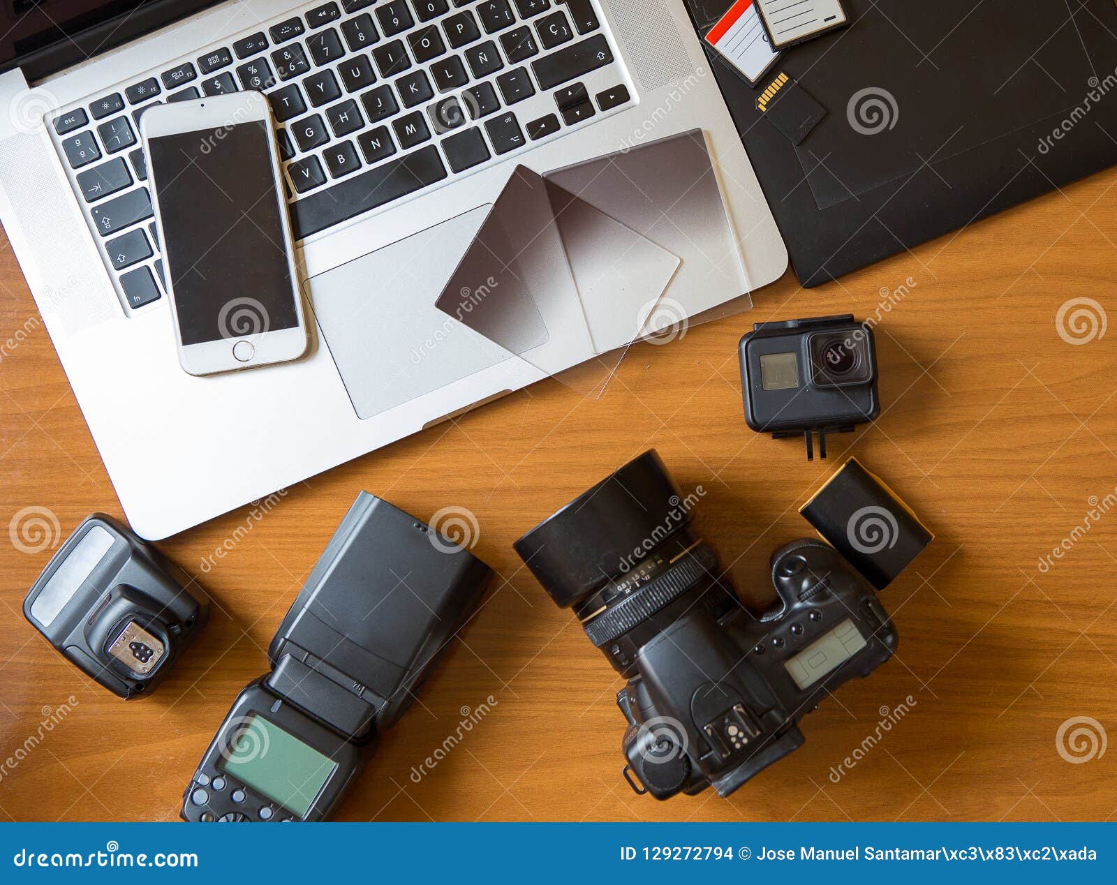 Camera on Table in Photographer Desk Stock Photo Image of laptop