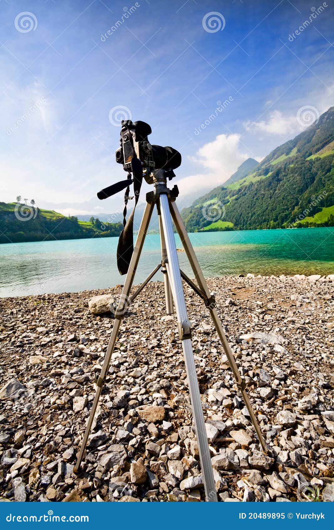 Camera with Tripod on a Lakeside Stock Image Image of green, black 20489895