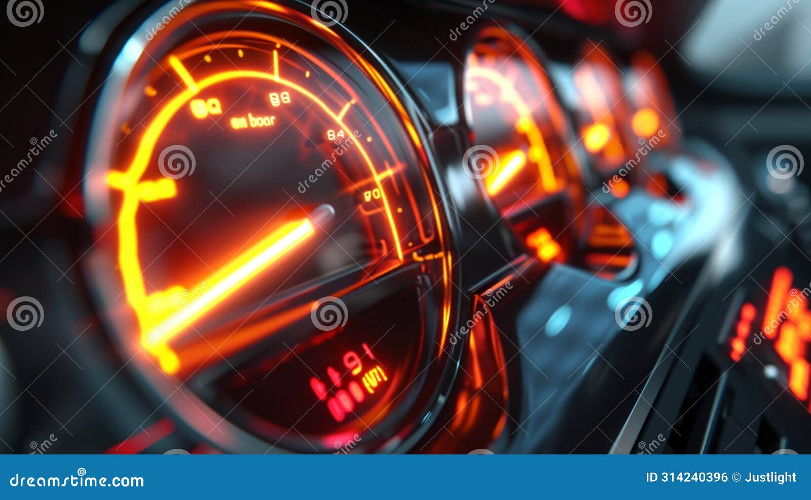 the camera zooms in on a holographic fuel gauge with a threedimensional image of a gas pump shifting as the cars fuel