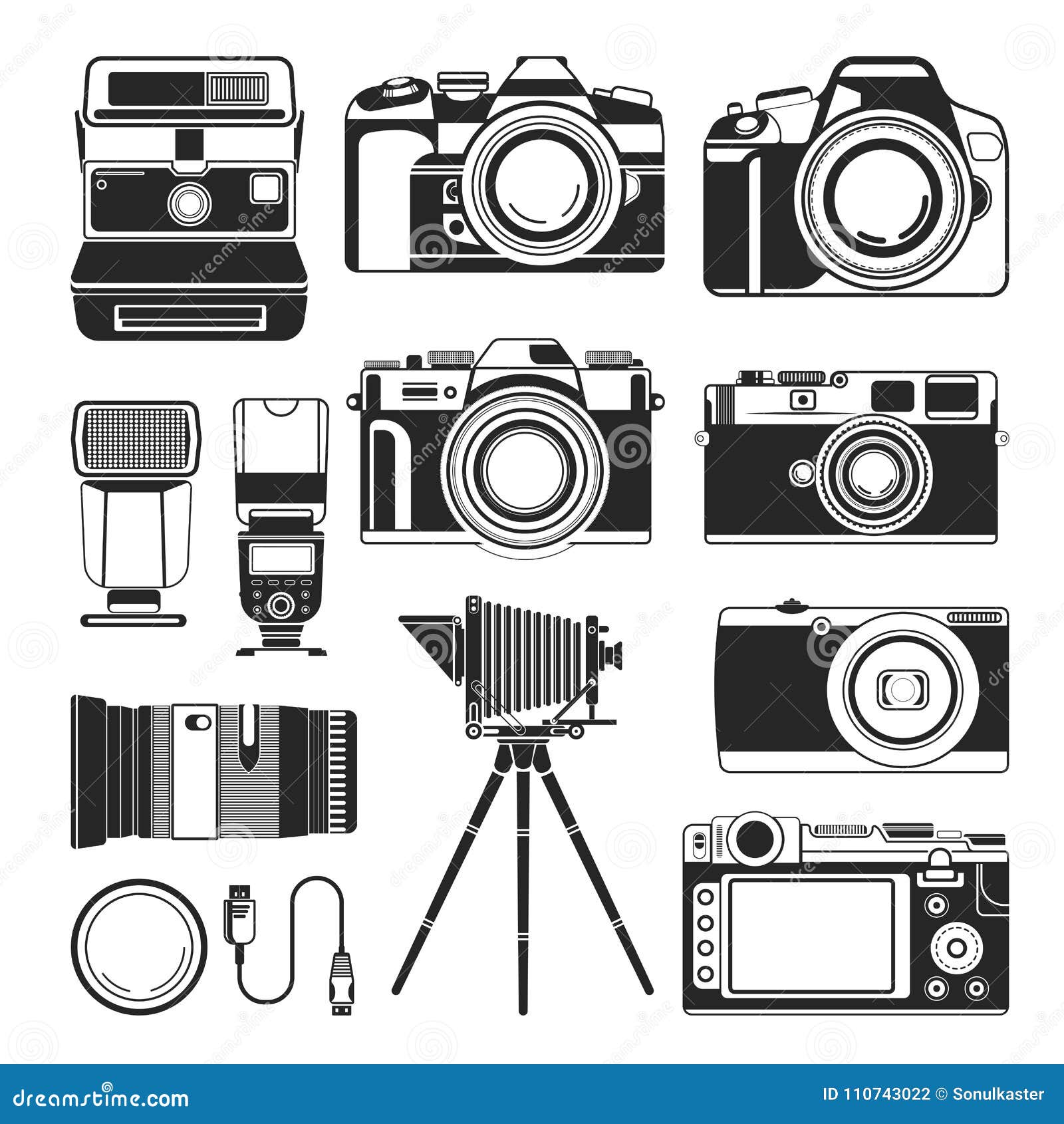retro camera and old or modern photography equipment , silhouette icons