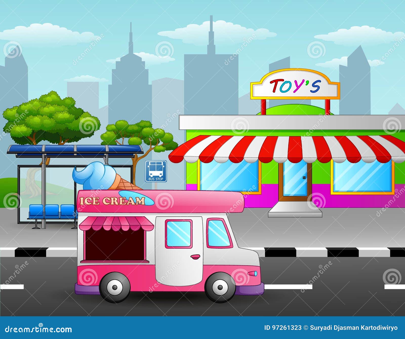 Camión Del Helado Delante De La Tienda Del Juguete Cerca De Una Calle Ilustración del Vector - Ilustración de camión, cerca: 97261323