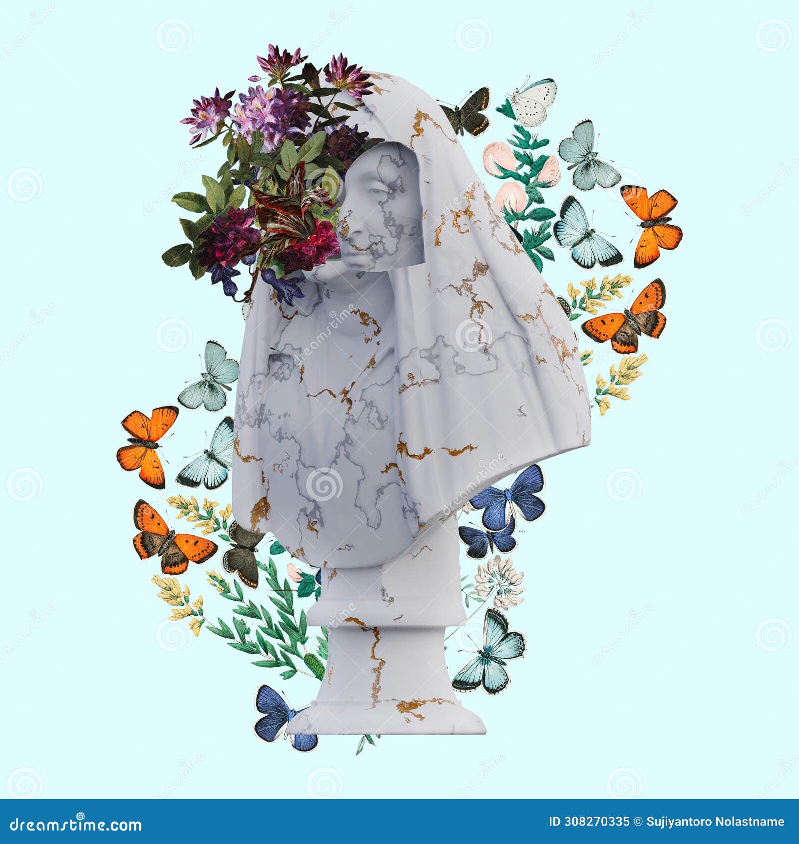 camilla barbadori statues 3d render, collage with flower petals compositions for your work