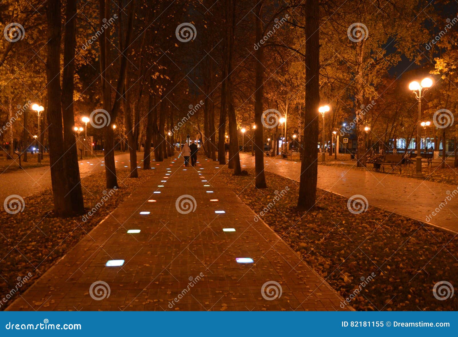 Caminhada da noite de dois outonos no parque. Dois povos que andam no parque na noite do outono