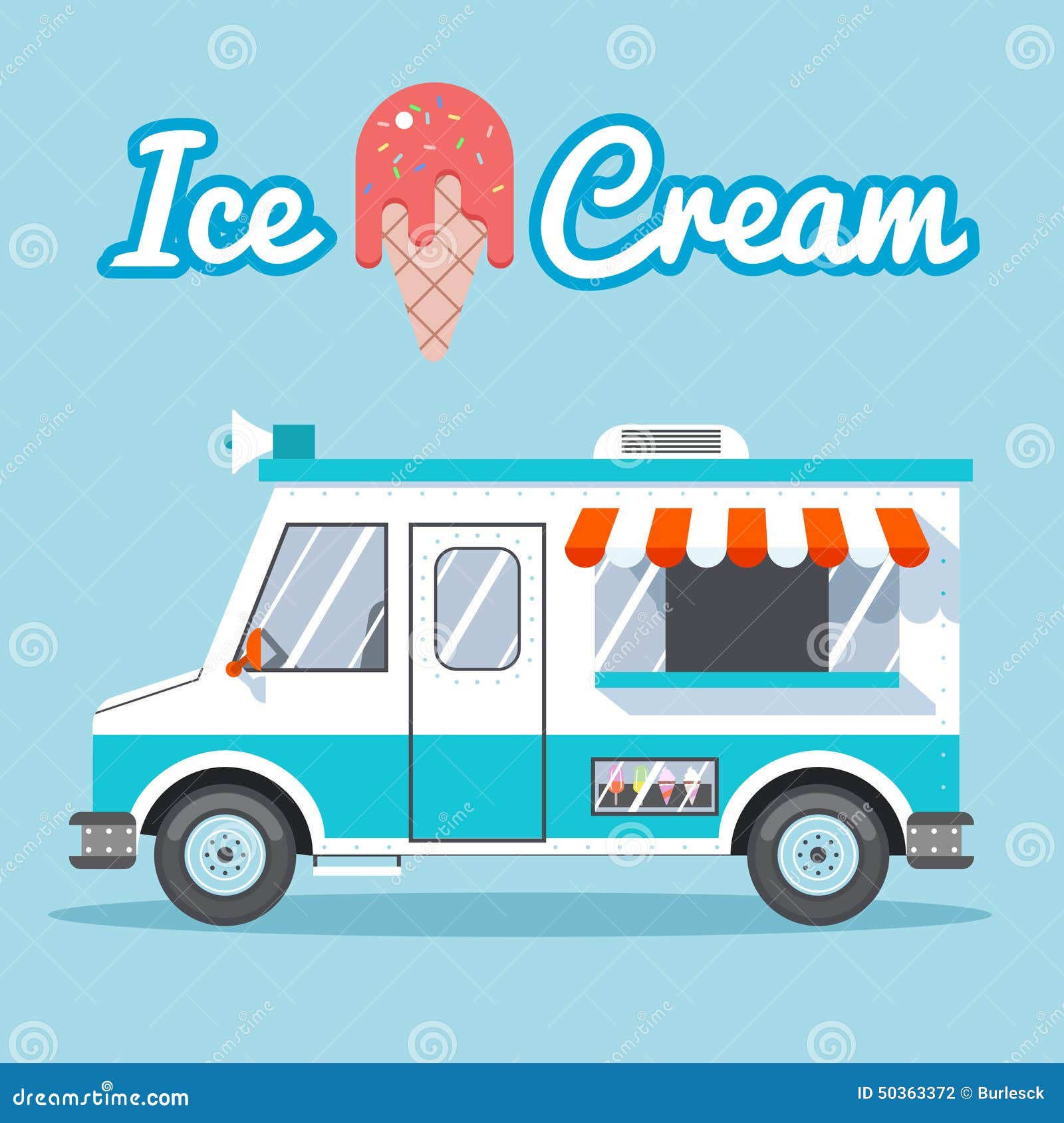 Illustration, Camion De Crème Glacée Et Chauffeur Avec Haut