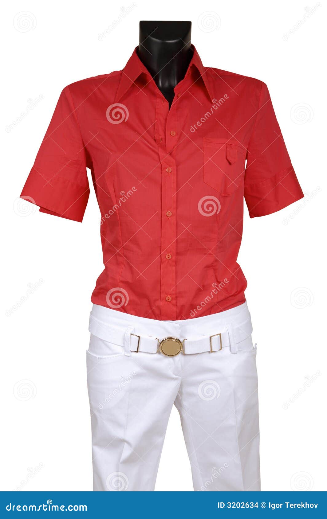 Camisa Roja Y Pantalones Vaqueros Blancos Foto archivo de moderno, rojo: