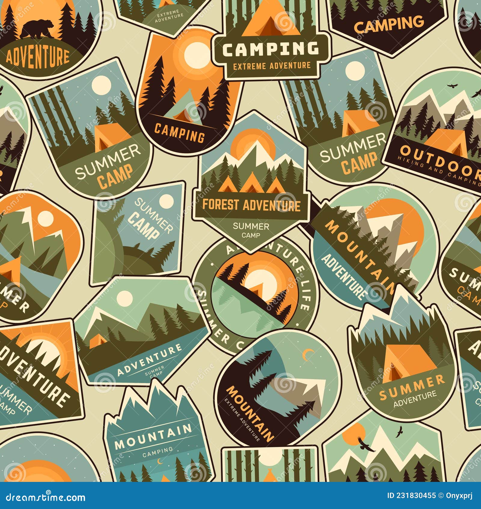 camp badges pattern. exploring logo for scouts outdoor adventure forest and mountains recent  seamless background