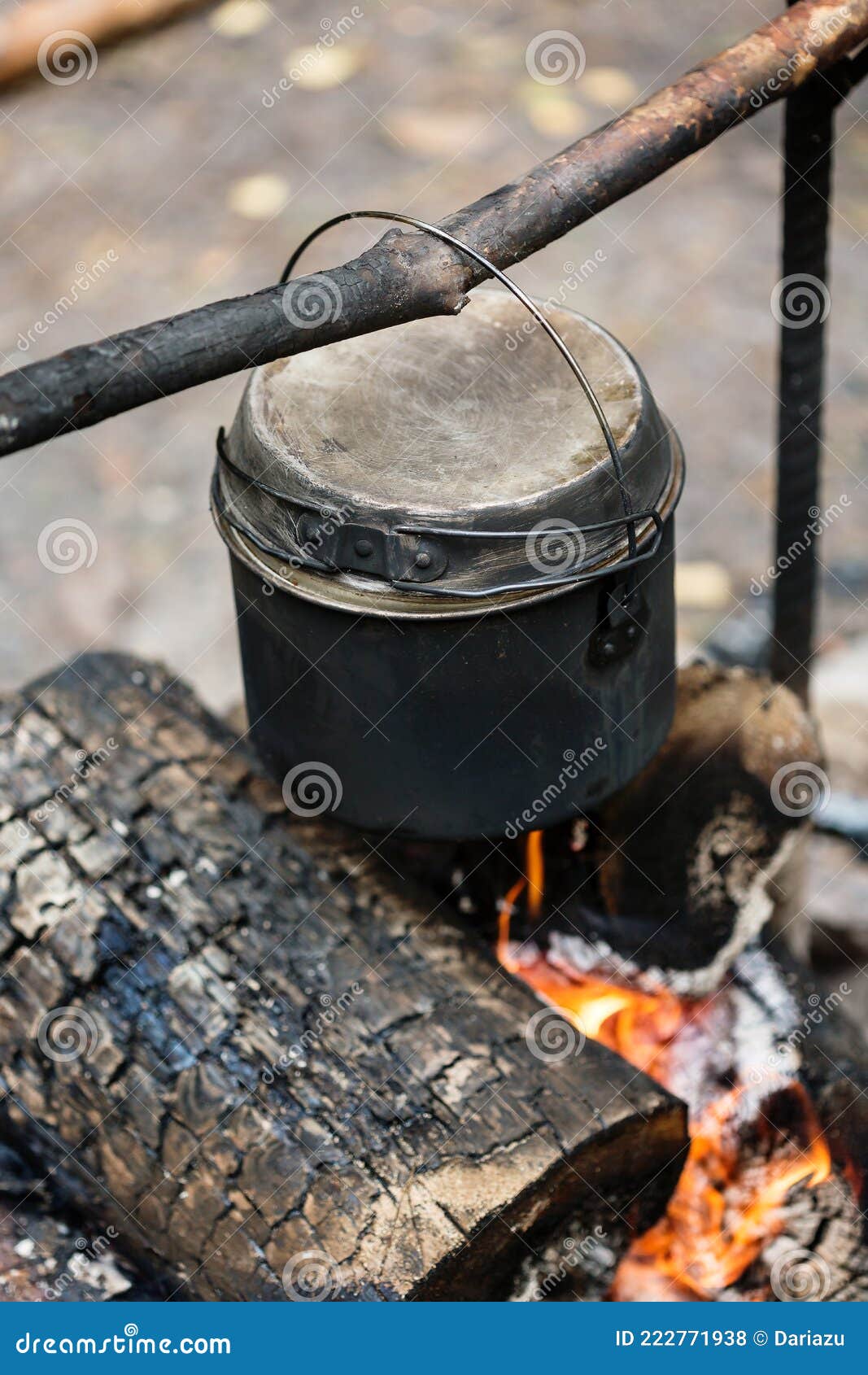 Camp Fire, Cooking Dinner Outdoors at the Nature, Pot Over Bonfire