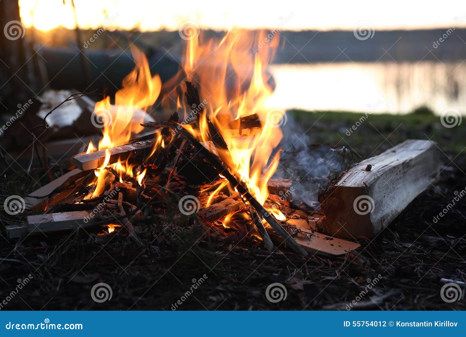 Camp-Fire Near Lake stock photo. Image of wood, camping - 55754012