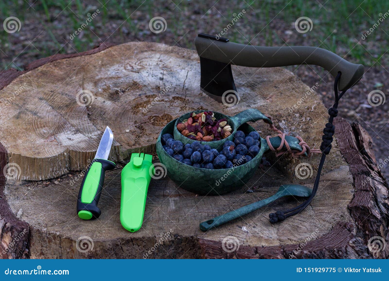 camp knife and ax. camping utensils and tools