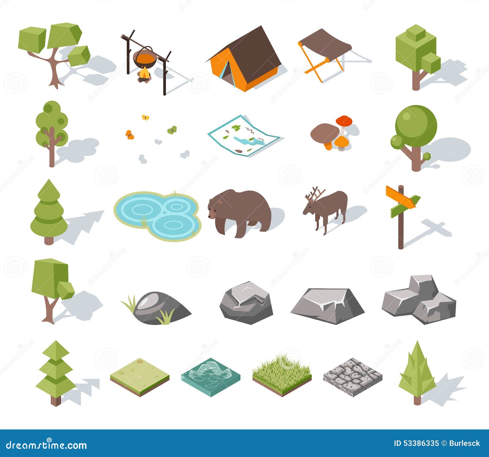 Campa beståndsdelar för isometrisk skog 3d för landskapdesign Tält och hjortar, läger och björn, fjärilar och champinjoner, översikt och damm också vektor för coreldrawillustration