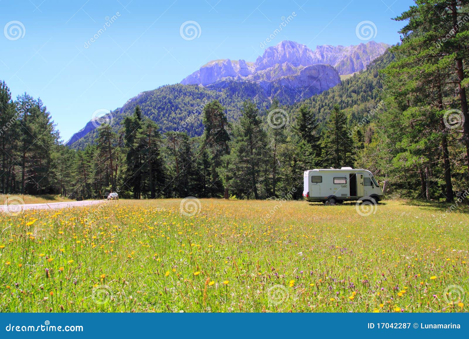 camper autocaravan meadow in pyrenees mountain