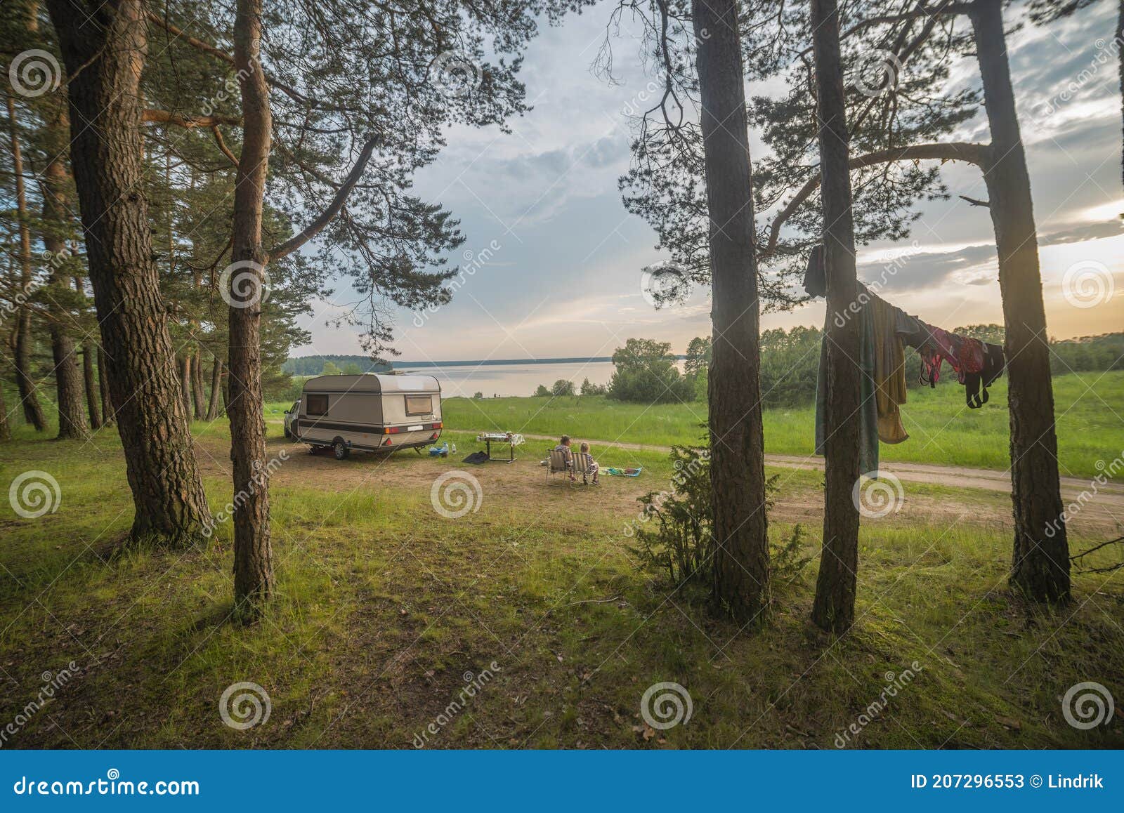 Camper in the Forest by the Lake Stock Image Image of campground