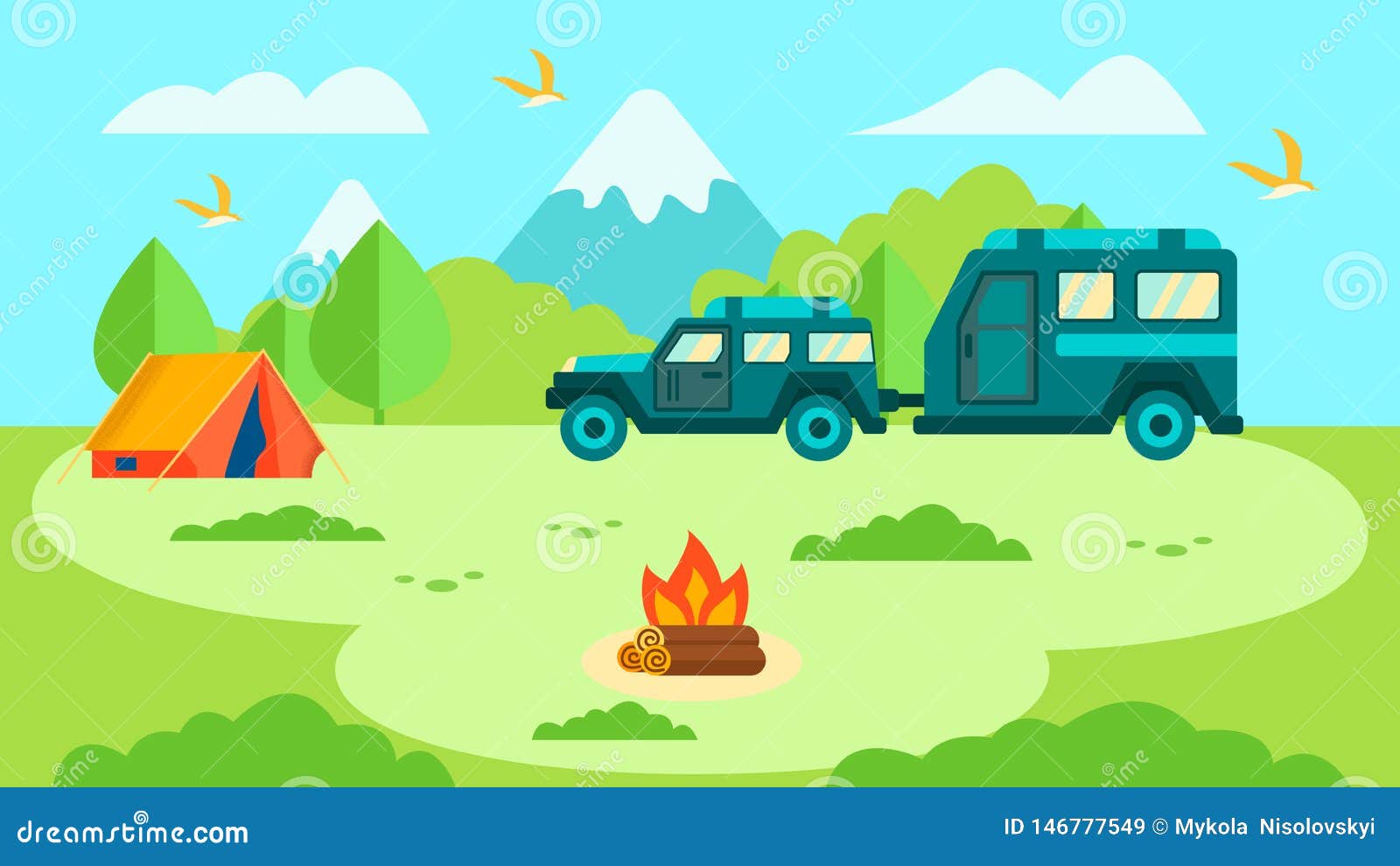 Camper Trailer in Forest Family Trip Card Design Stock Vector ...