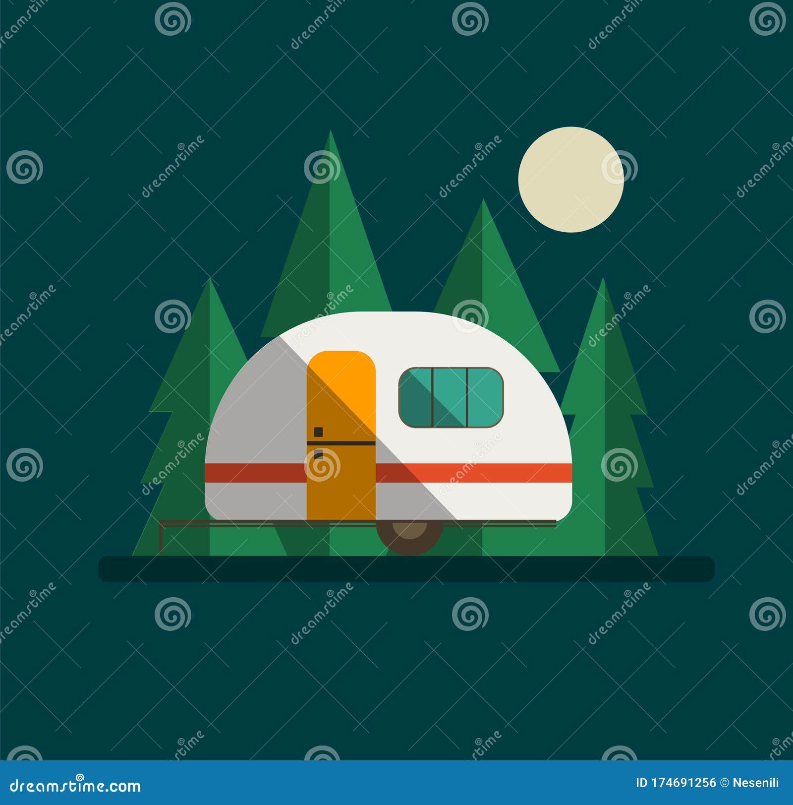 Camper Trailer on the Road with Trees and Moon Stock Illustration ...