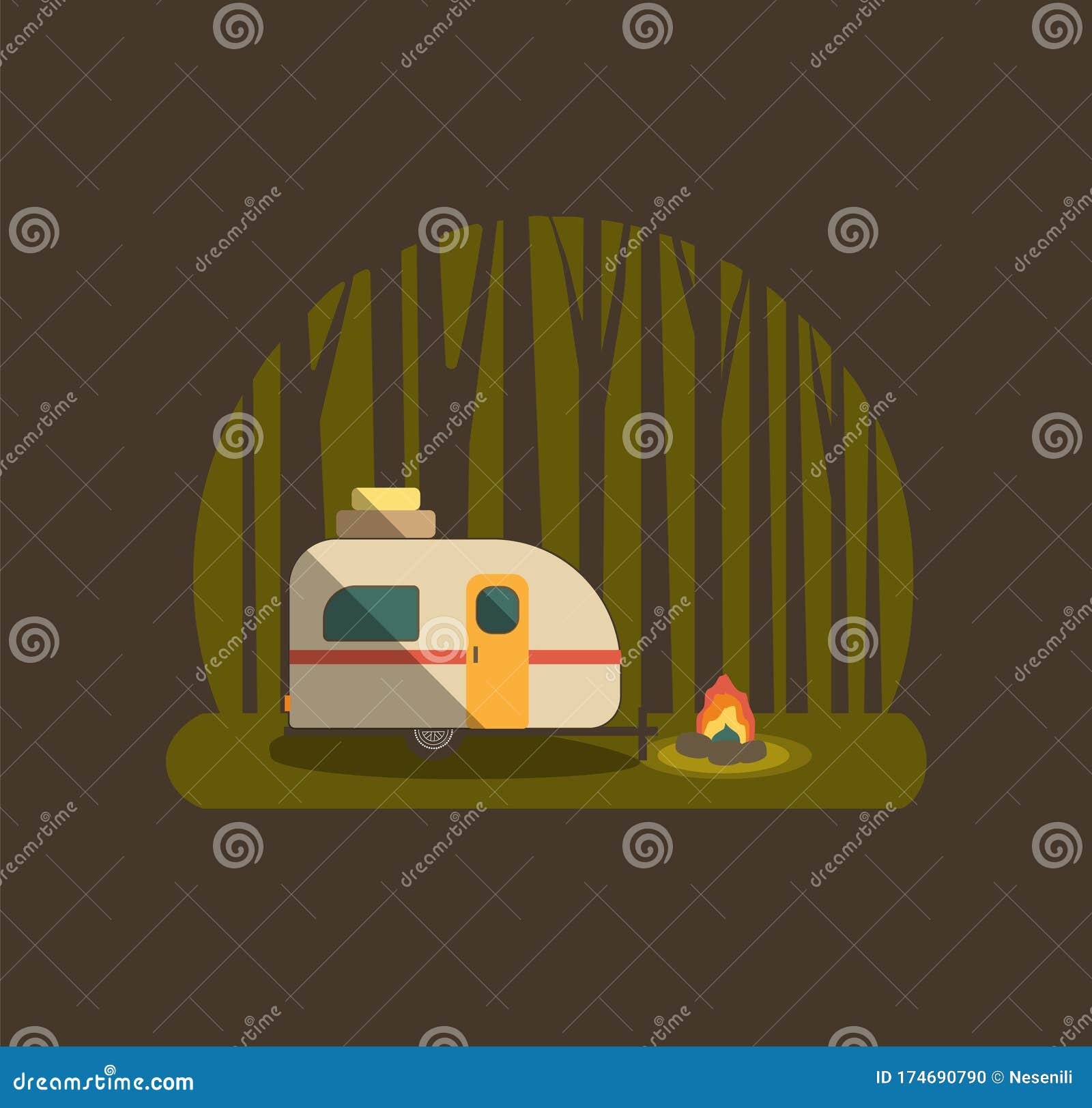 Camper Trailer in the Woods Stock Illustration - Illustration of icon ...
