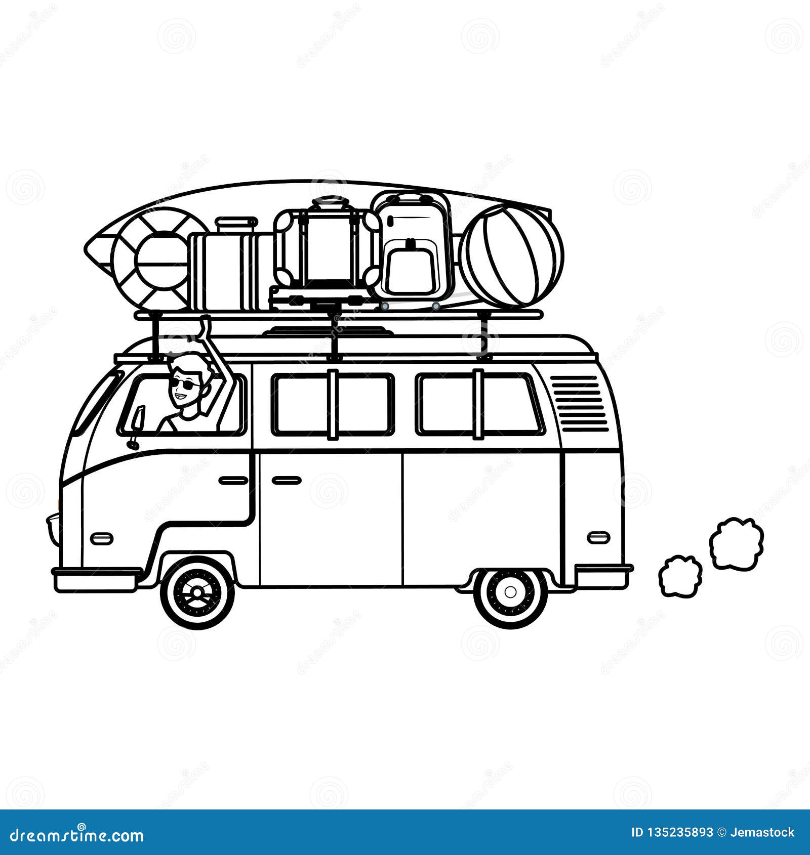 Camper Van with Baggage Black and White Stock Vector - Illustration of