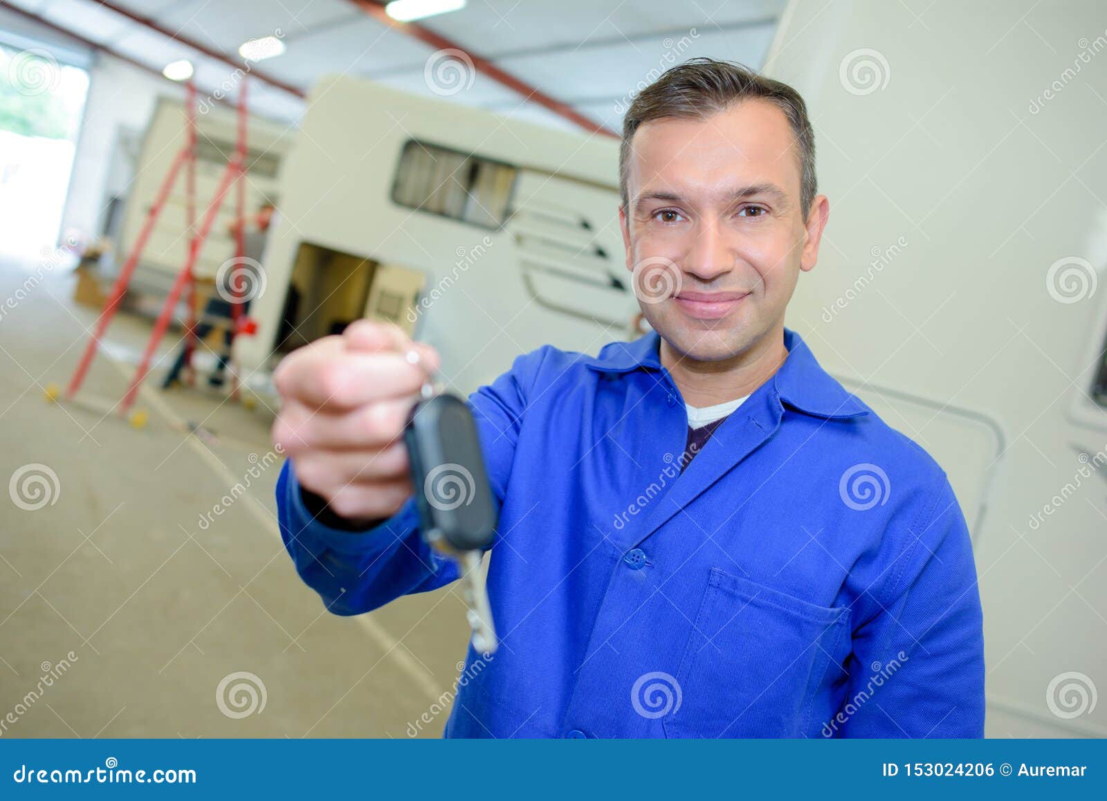 Camper Van Mechanic Handling Key Stock Photo Image of brand, travel 153024206
