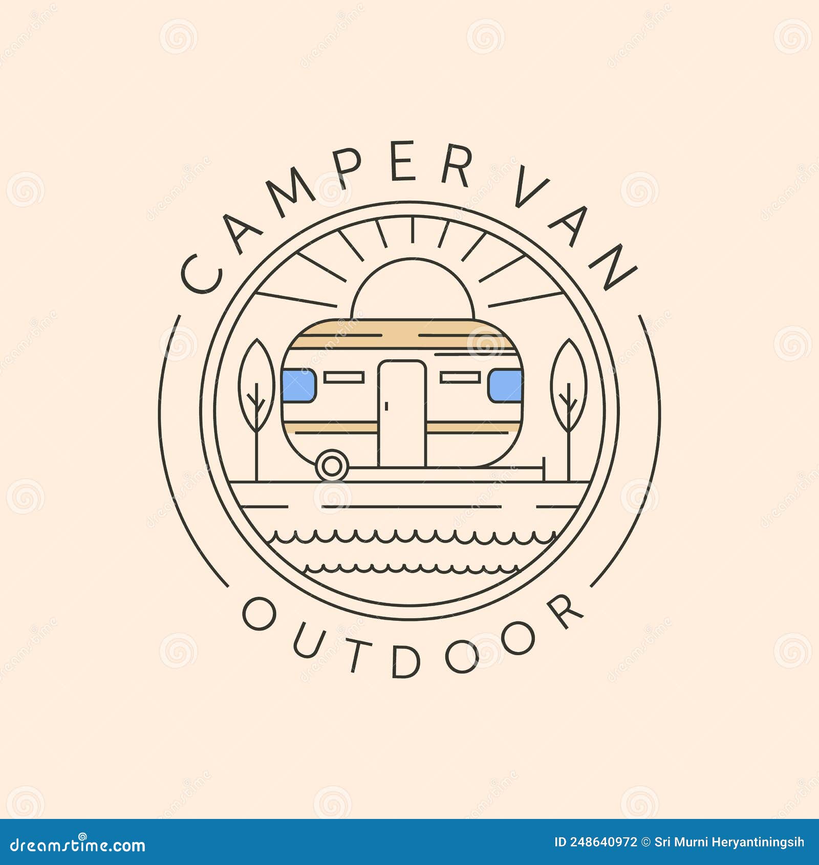 Camper Van Outdoor and Sunburst Line Art Logo Vector Symbol ...