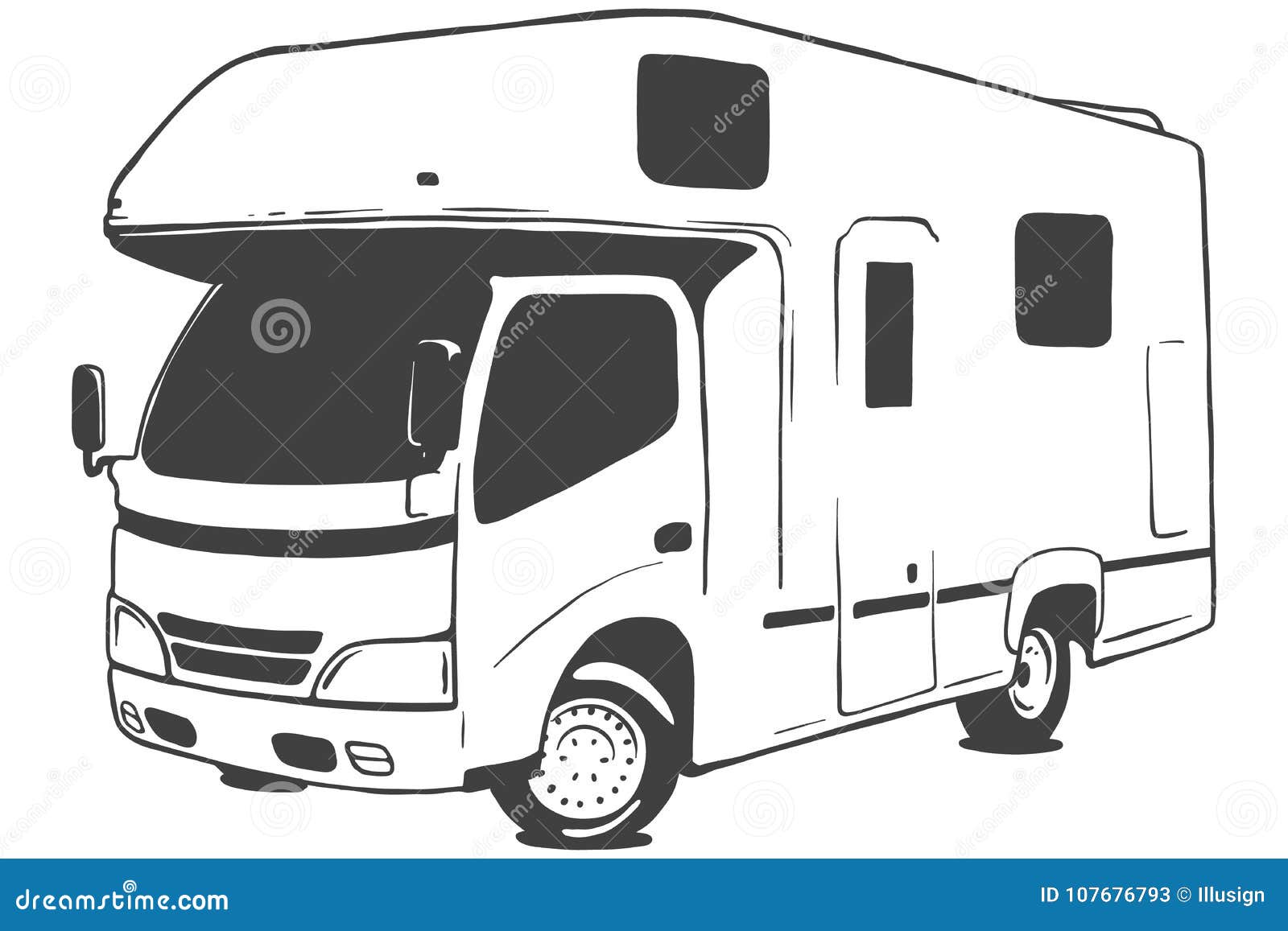 Campervan Vector Black Illustration Isolated on White Background. Hand ...