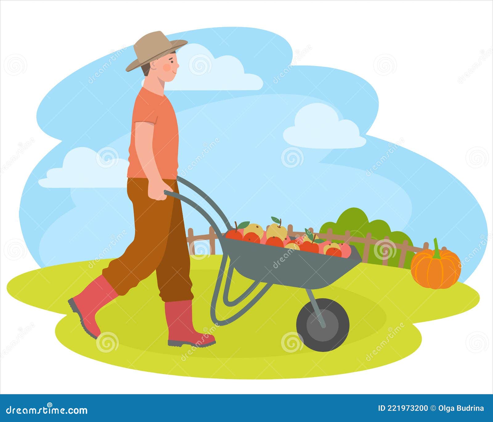 Campesino Con Verduras Y Frutas En Carretilla. Dibujos Animados E  Ilustraciones Vectoriales De Objetos Aislados Ilustración del Vector -  Ilustración de persona, trabajador: 221973200