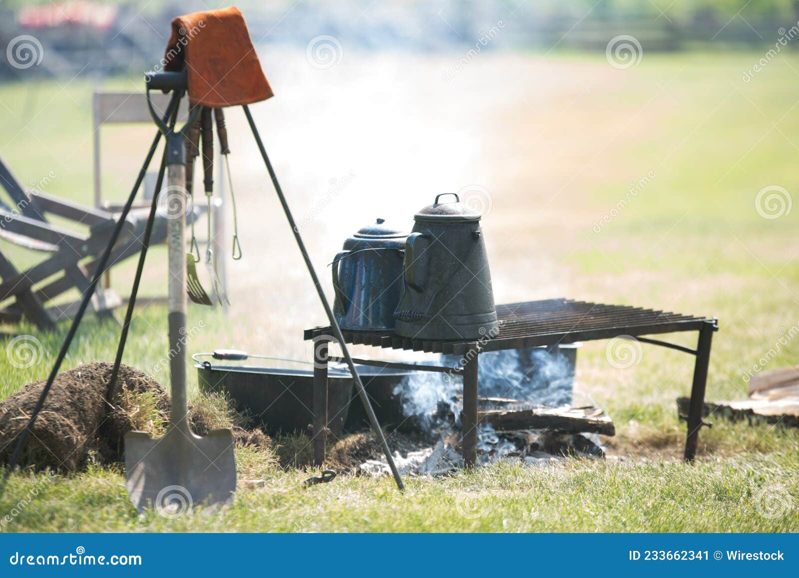 Campfire in the Camp with a Boiling Kettle on it Stock Image Image of