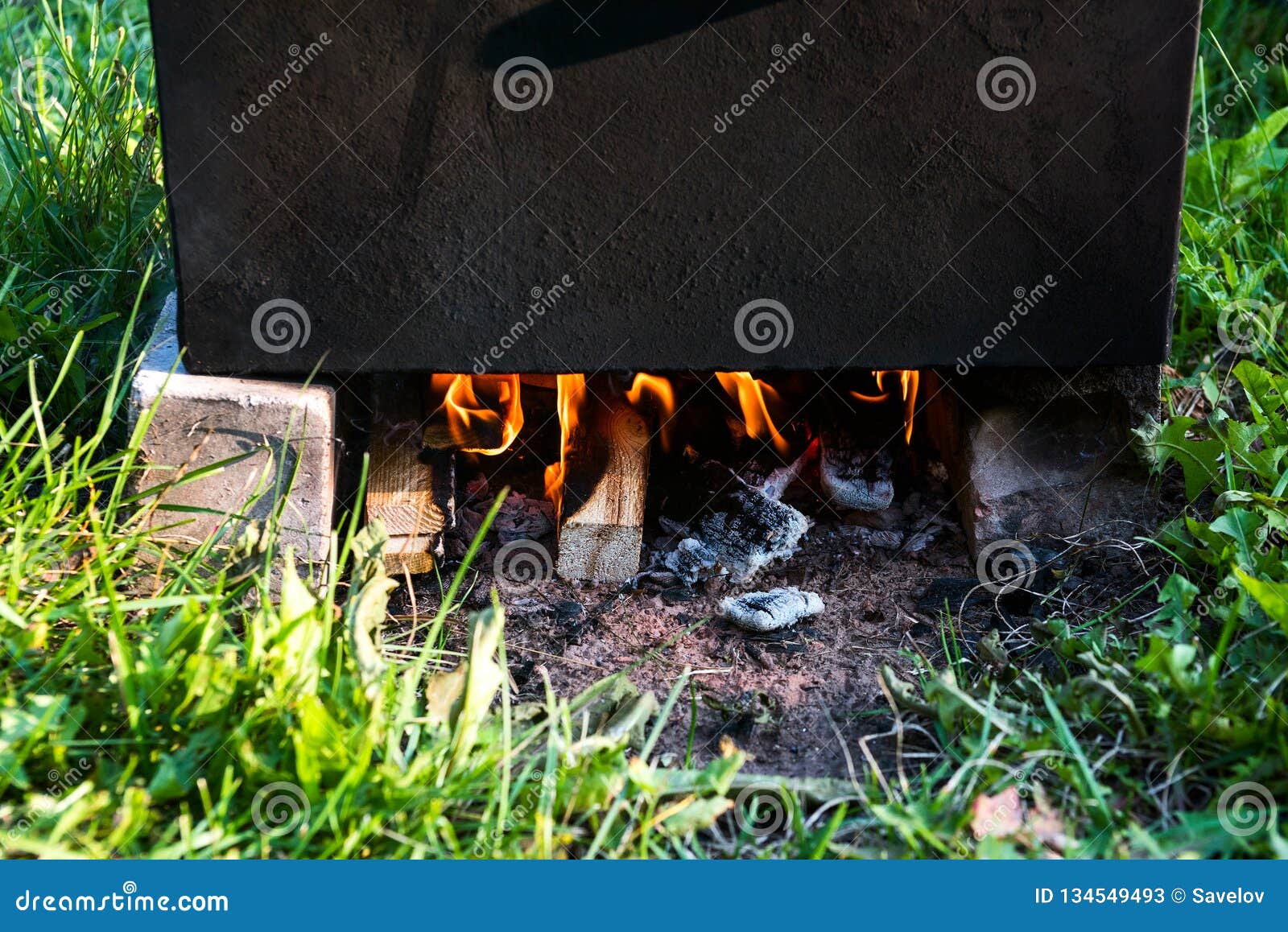 Fire while Cooking in the Open Air Stock Image Image of broil