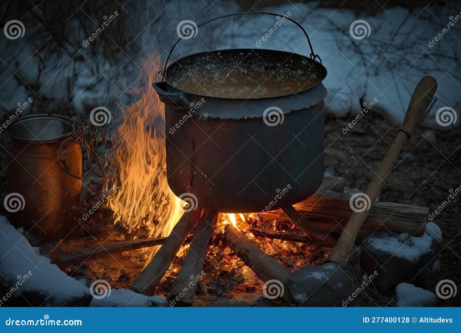 Campfire, with Evaporator and Bucket of Sap Warming Nearby Stock