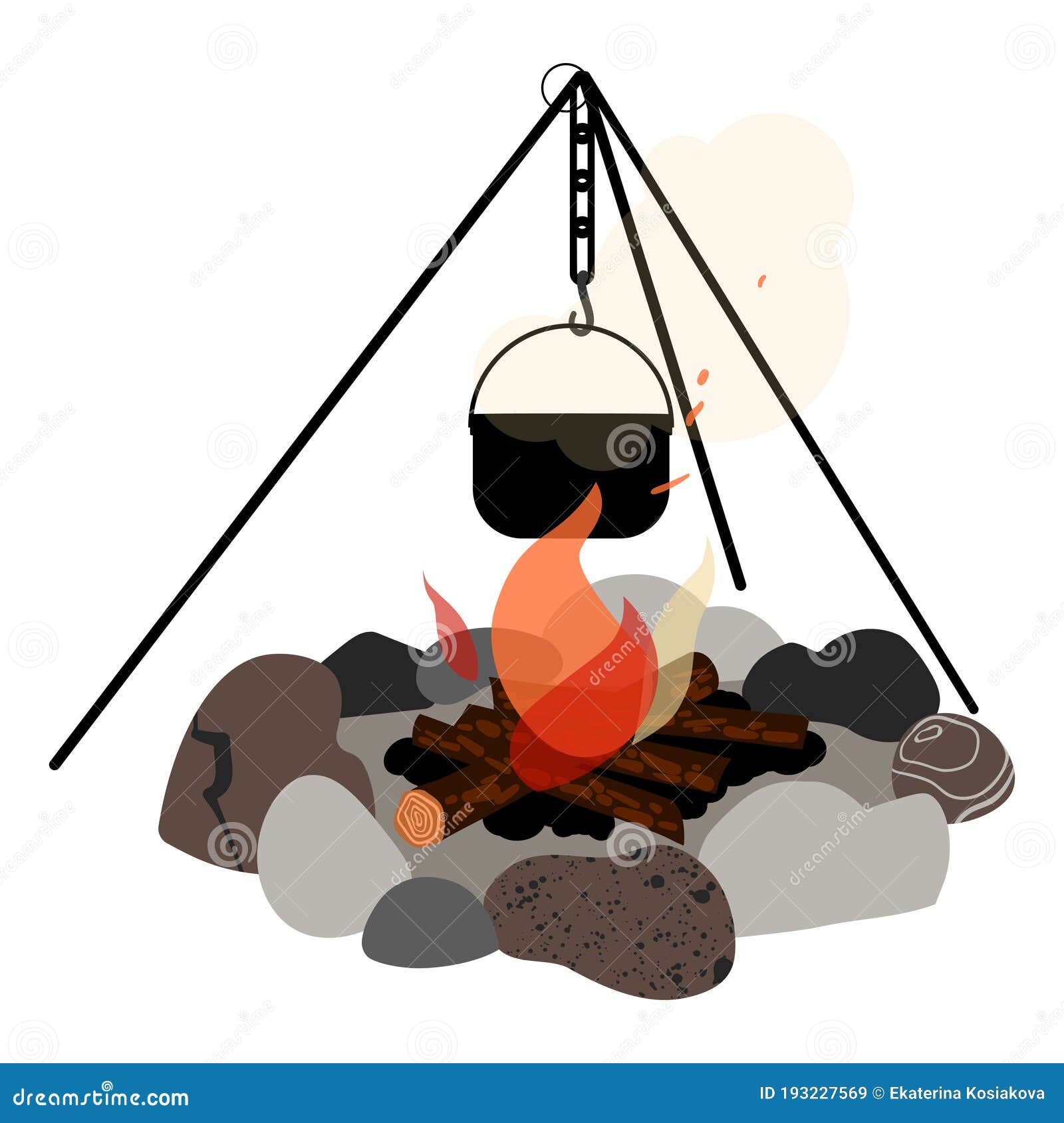 Campfire and Hanger with a Cooking Pot Hanging from it. Vector